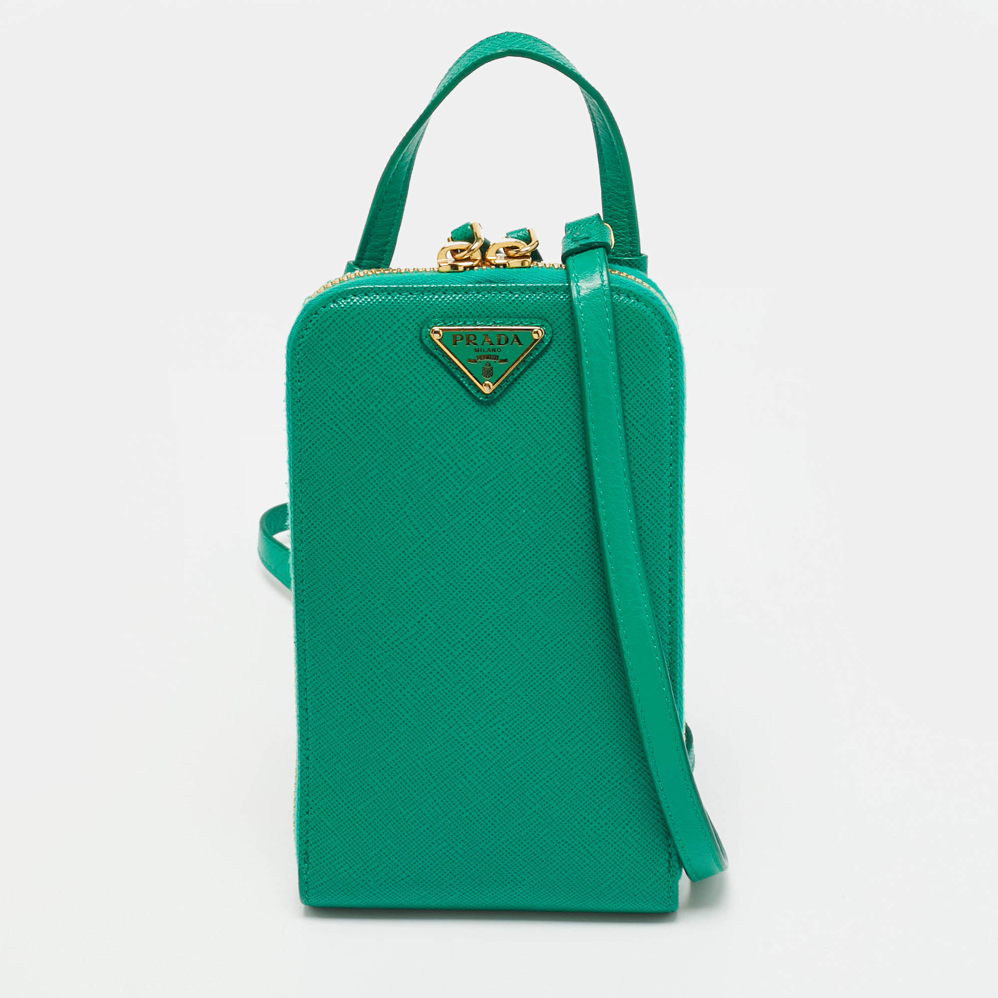 Pre Owned Prada Trinagle Logo Green Saffiano Lux Leather Phone Crossbody Bag