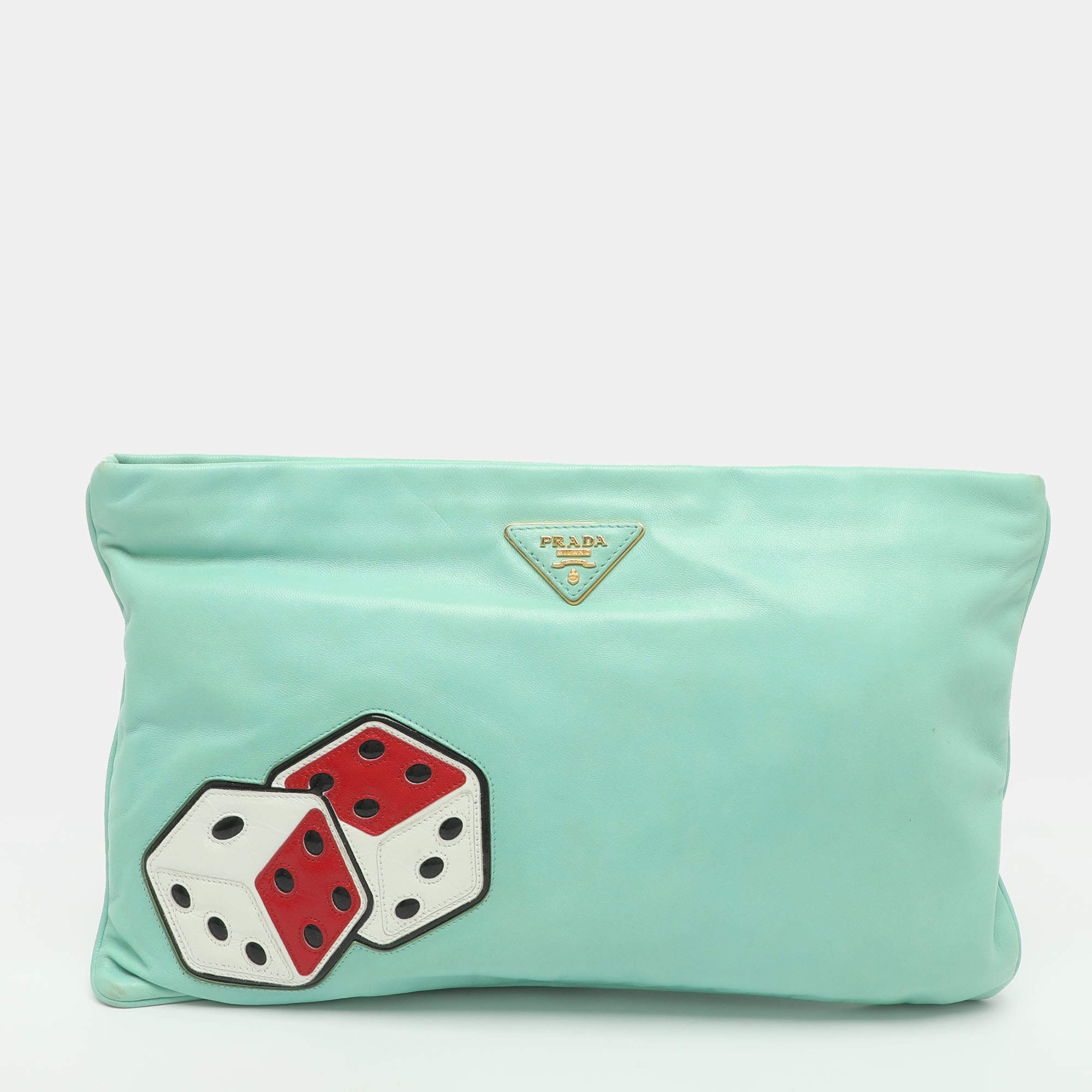 Pre Owned Prada Dice Green Leather Clutch
