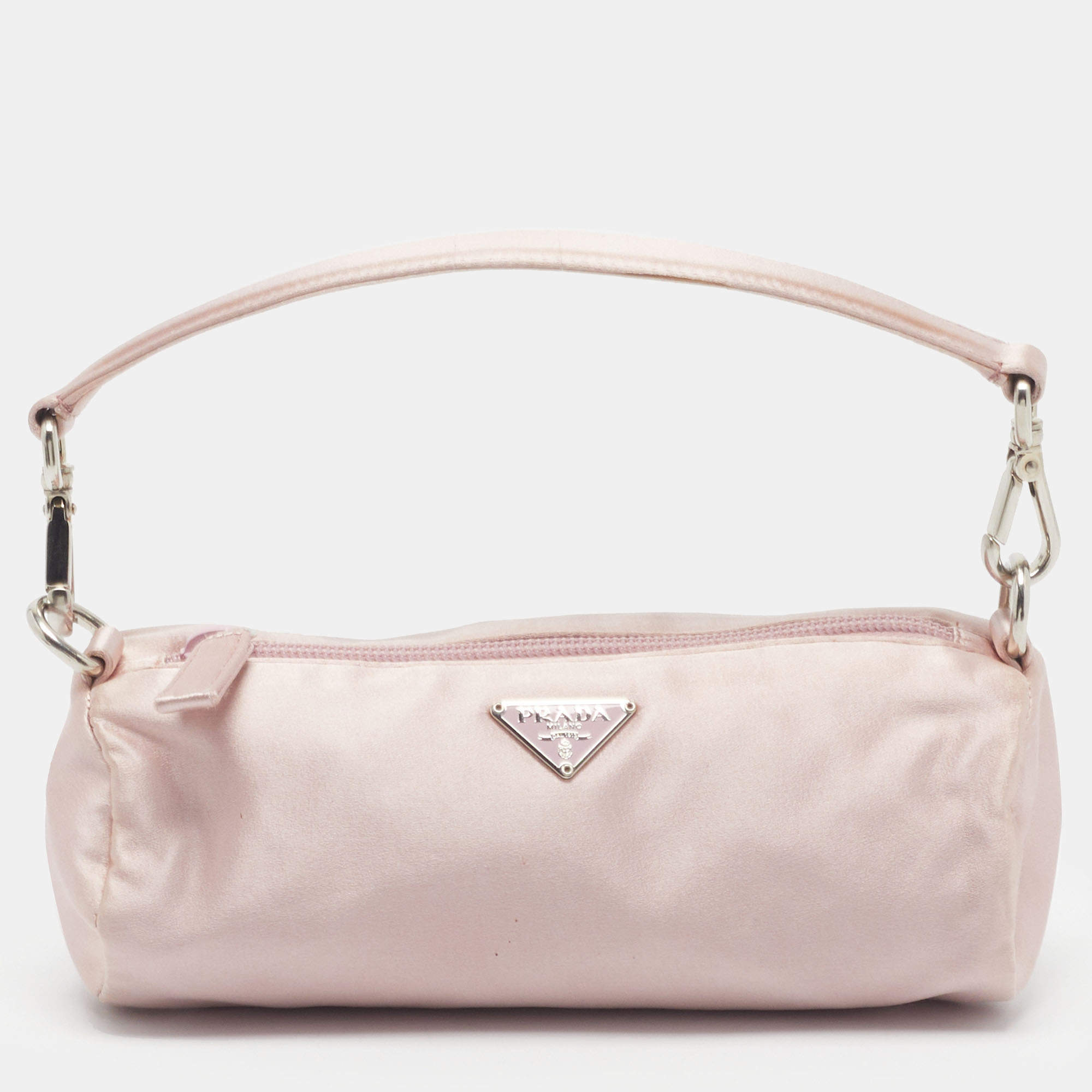 Pre Owned Prada Triangle Logo Pink Satin Barrel Clutch Bag