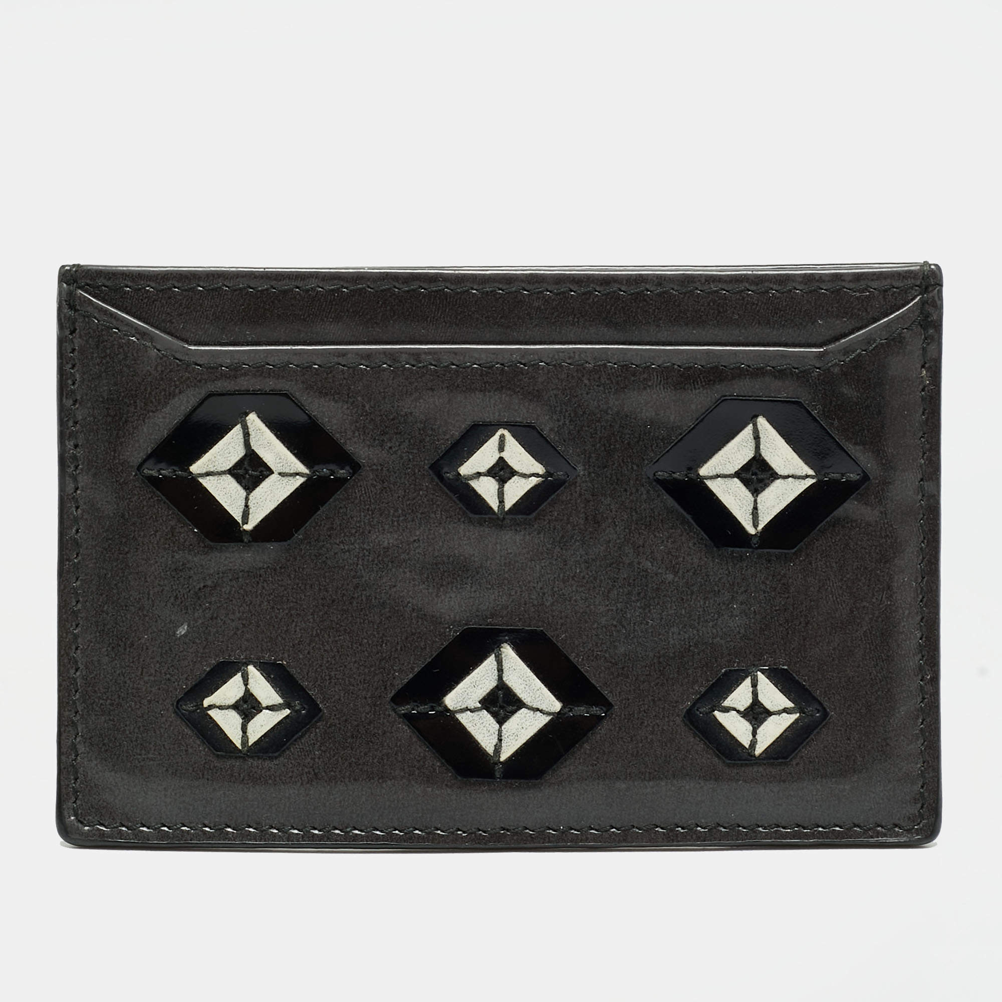 Pre Owned Prada Applique Grey Patent Leather Card Holder
