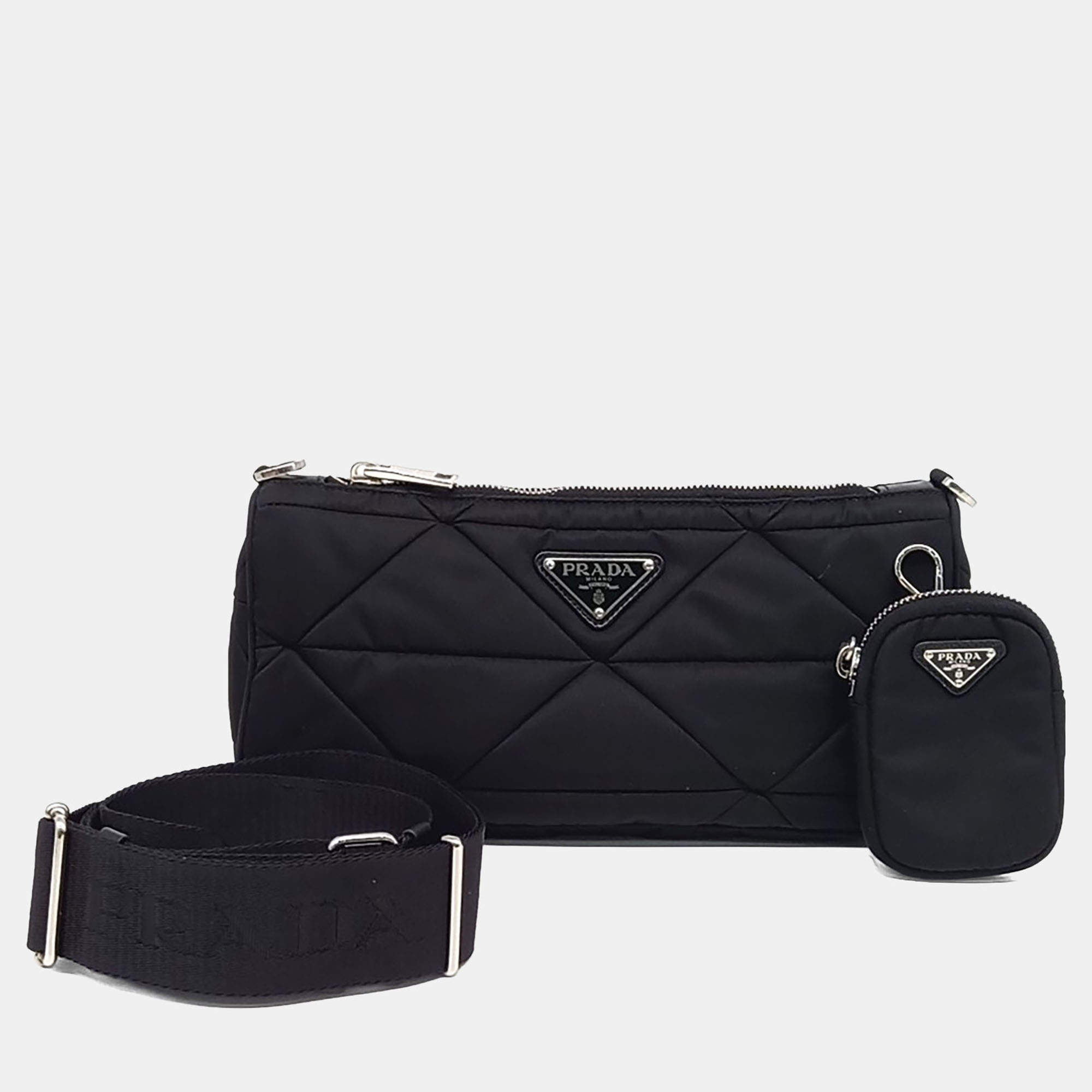 Pre Owned Prada Black Re-Nylon Tessuto Quilted Shoulder Bag (1BC237)