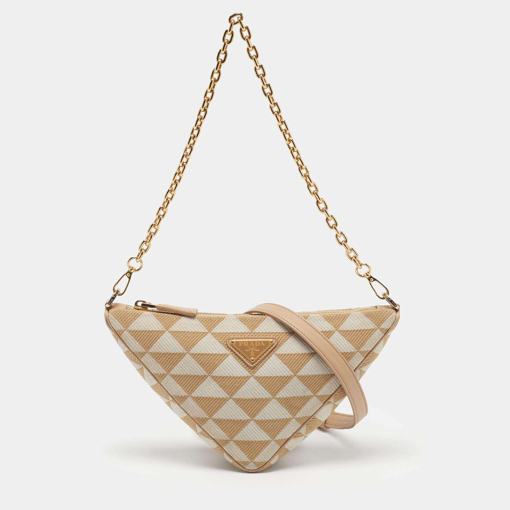 مملوكة مسبقًا Prada Triangle Beige Symbole Canvas and Leather Shoulder Bag