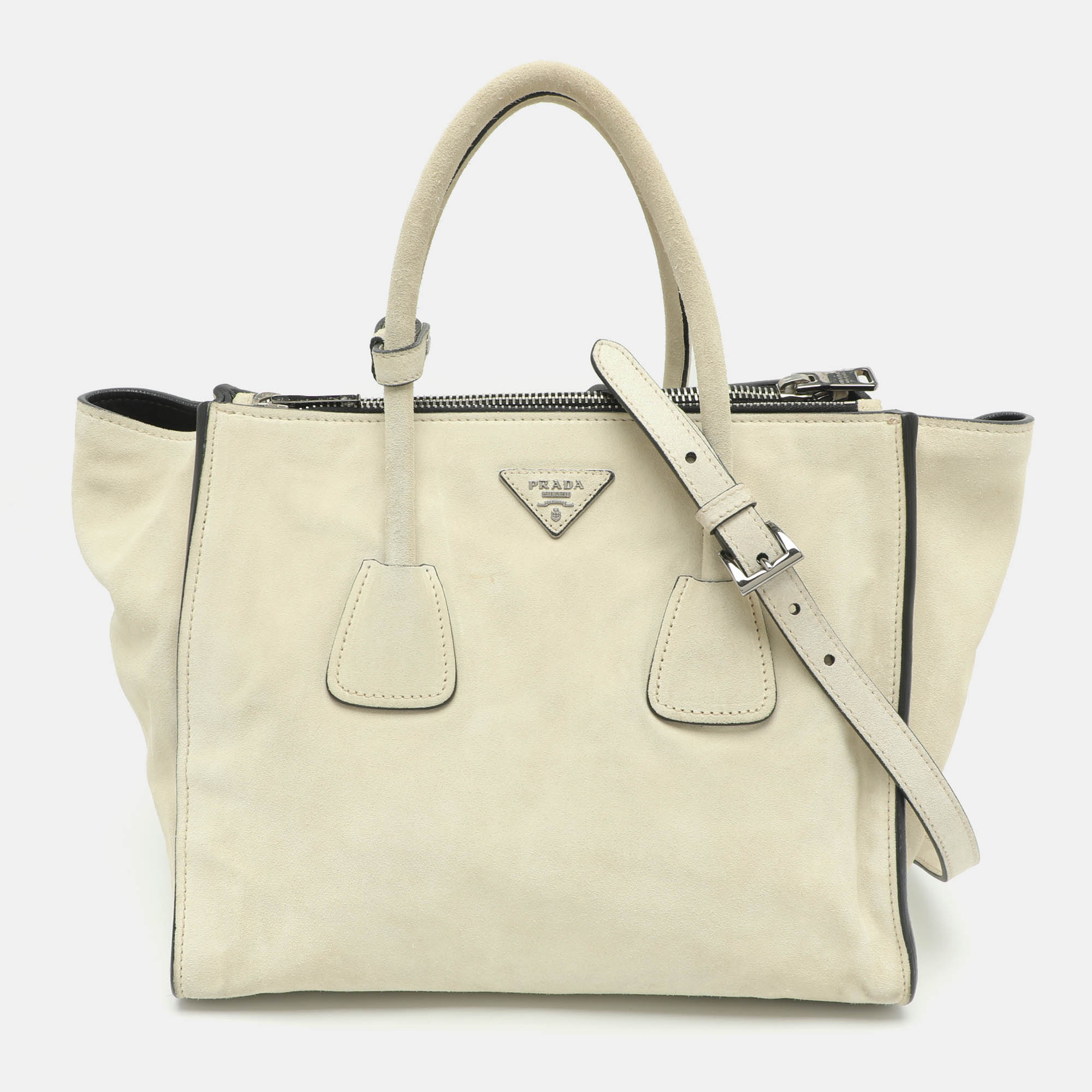 Pre Owned Prada Twin Pocket Light Beige Suede Tote