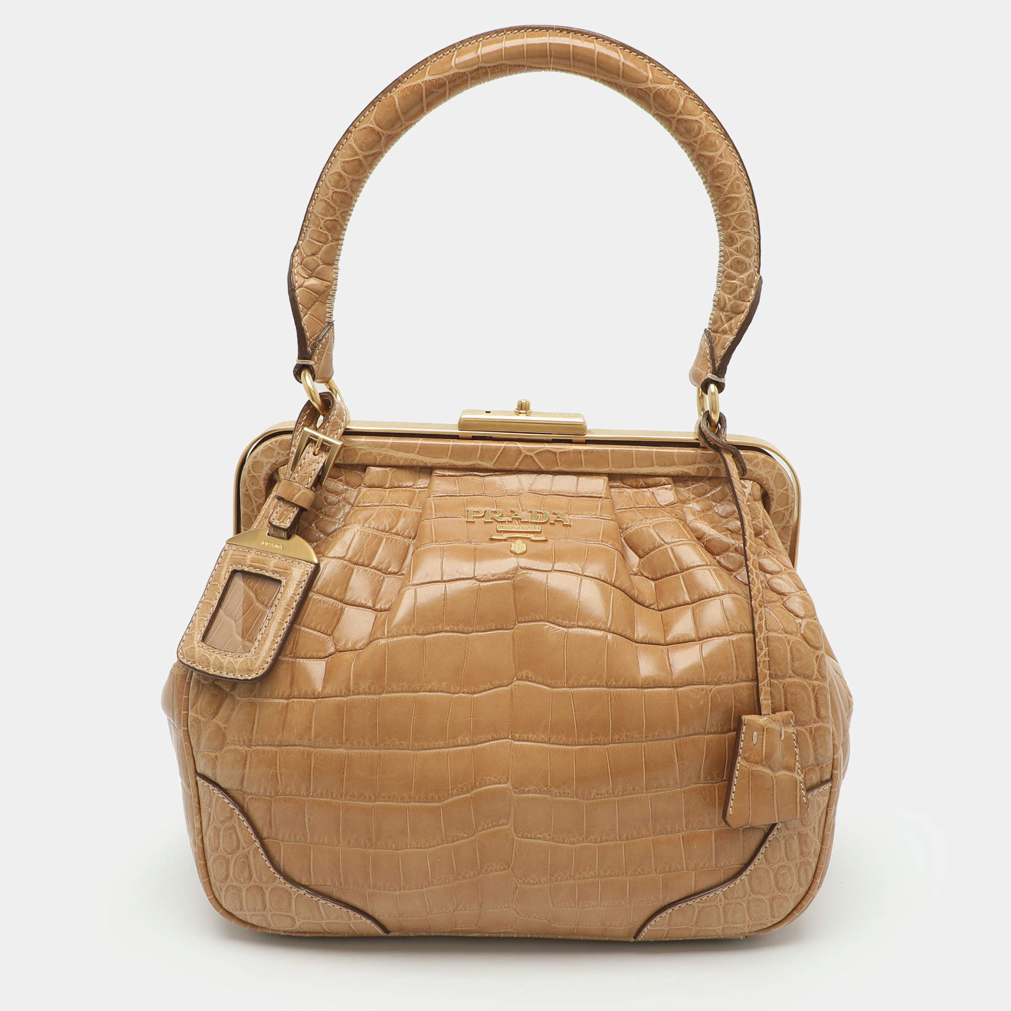 مملوكة مسبقًا Prada Beige Crocodile Leather Frame Top Handle Bag