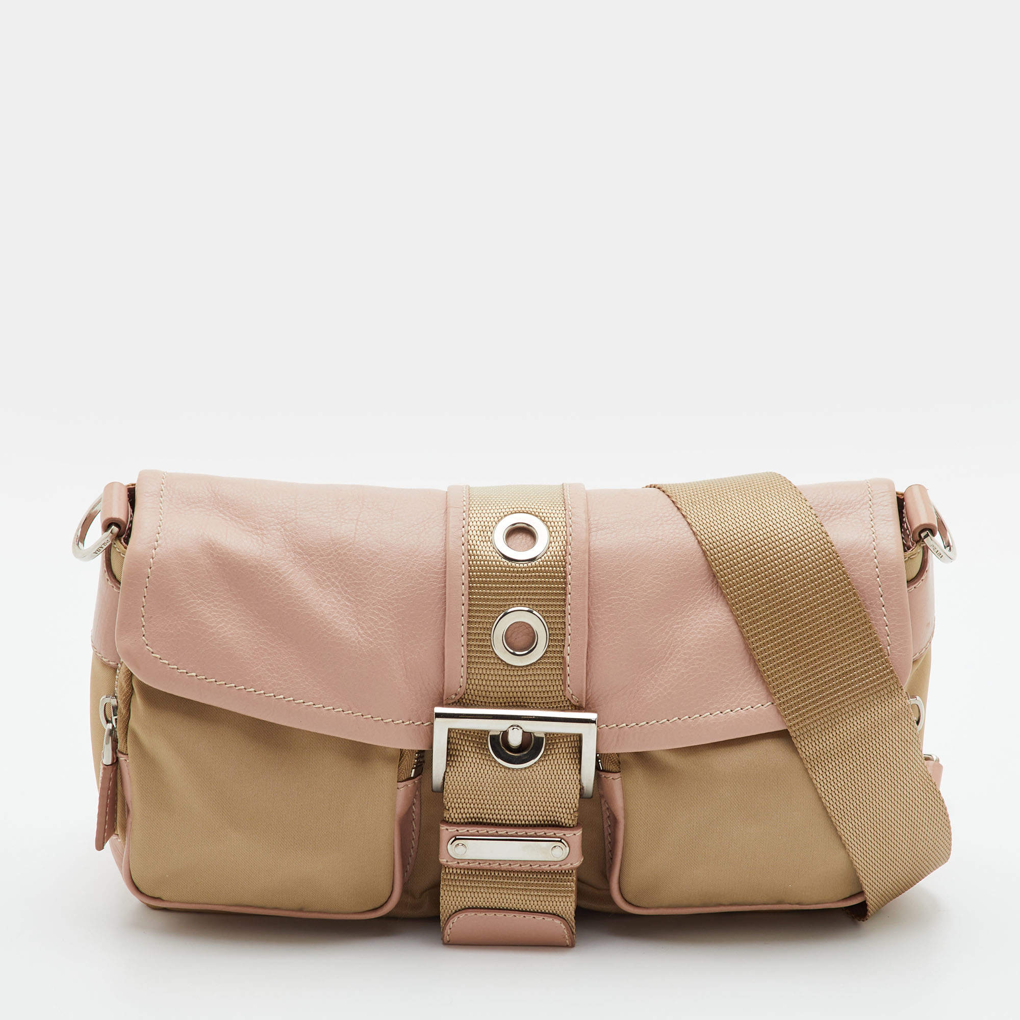 Pre Owned Prada Buckle Cargo Pocket Beige/Pink Leather and Nylon Crossbody Bag