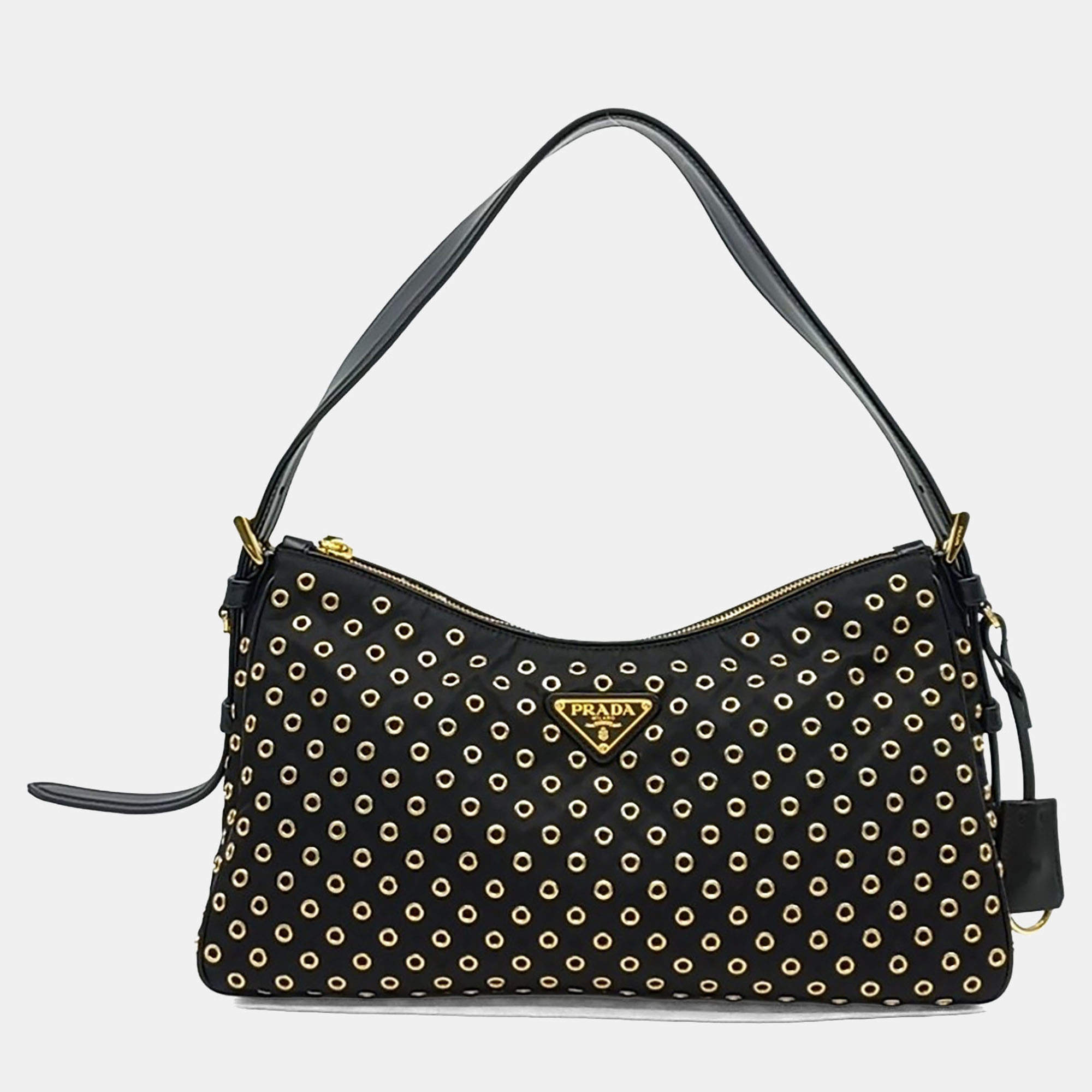 Pre Owned Prada Black Leather Re-Nylon Aimée bag