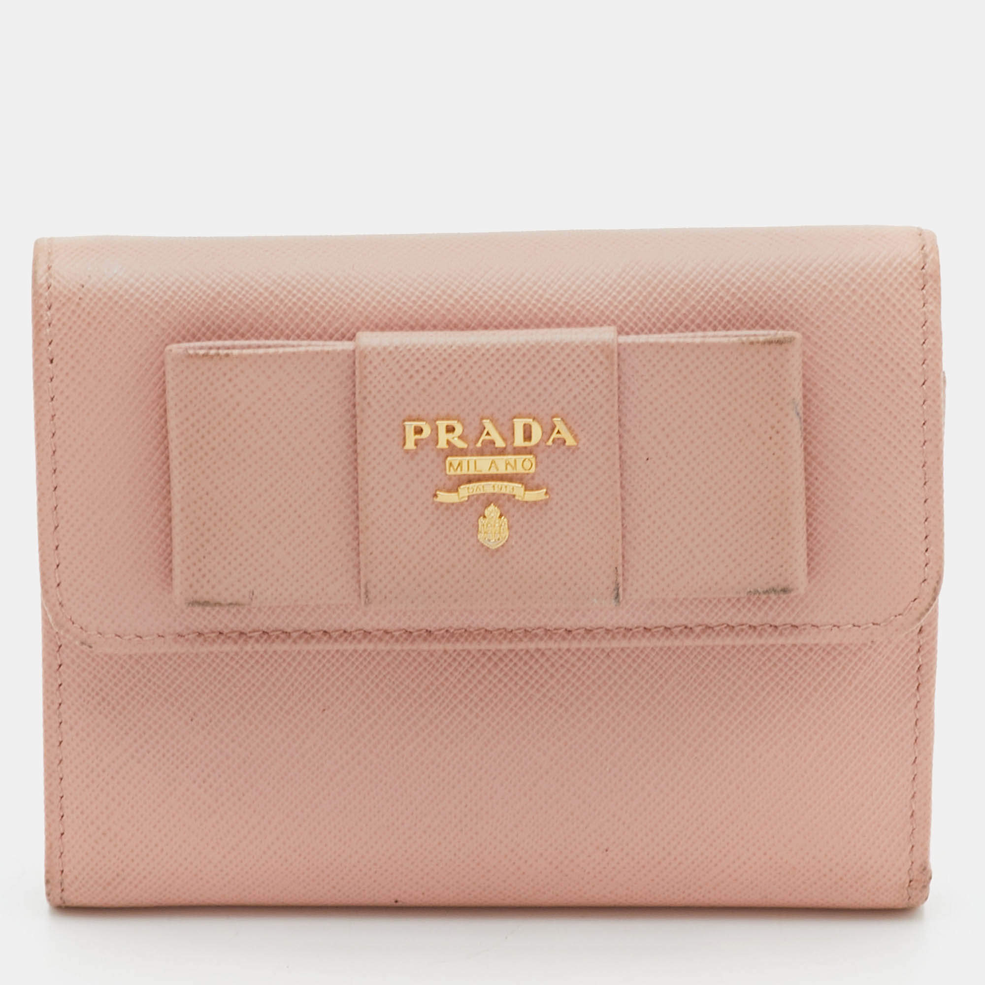 مملوكة مسبقًا Prada Peach Saffiano Leather Bow Flap Compact Wallet