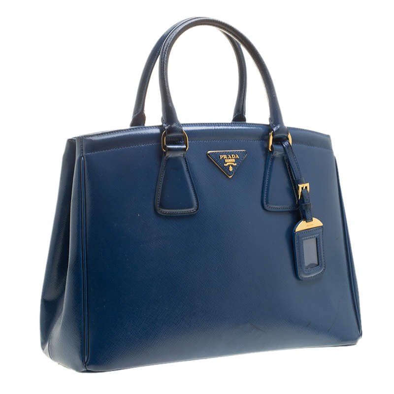 PRADA Parabole Saffiano Lux Leather Shopping Tote Blue