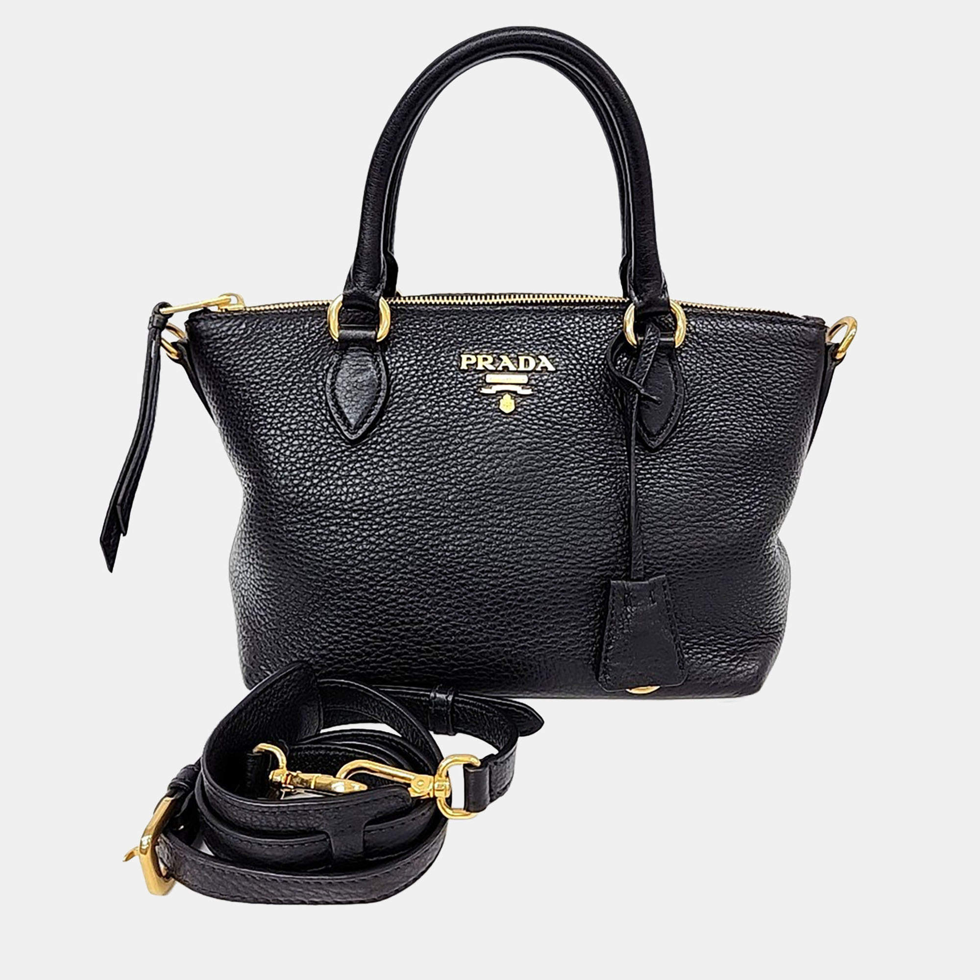 Pre Owned Prada Black Leather Vitello Daino Tote/Shoulder Bag (1BA111)