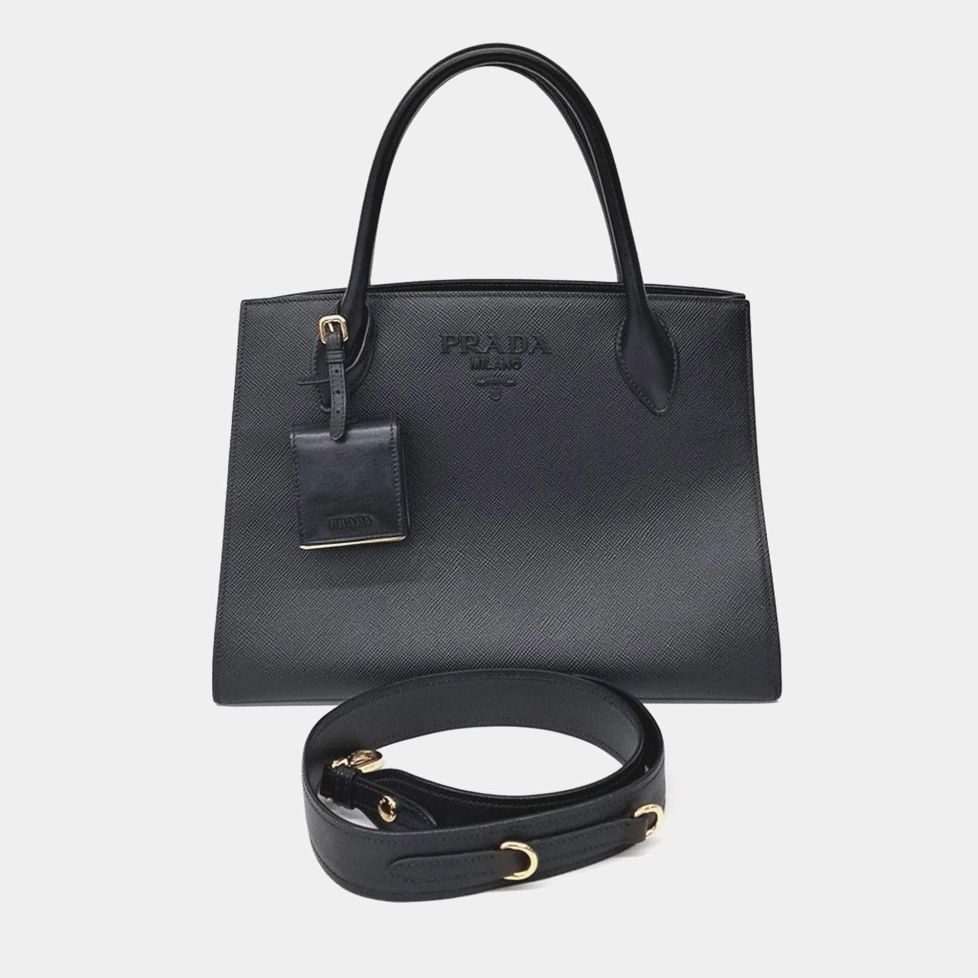 Pre Owned Prada Black Leather Black Prada Saffiano Monochrome Bag