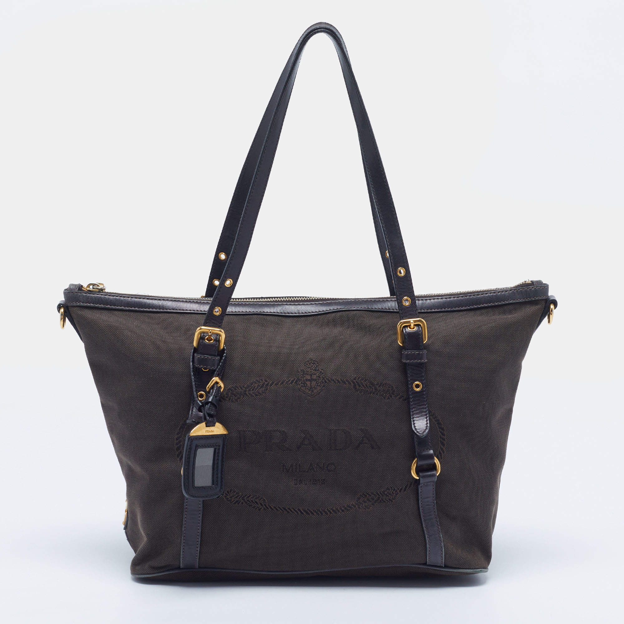 Pre Owned Prada Logo Brown/Black Canvas Zip Shopper Tote
