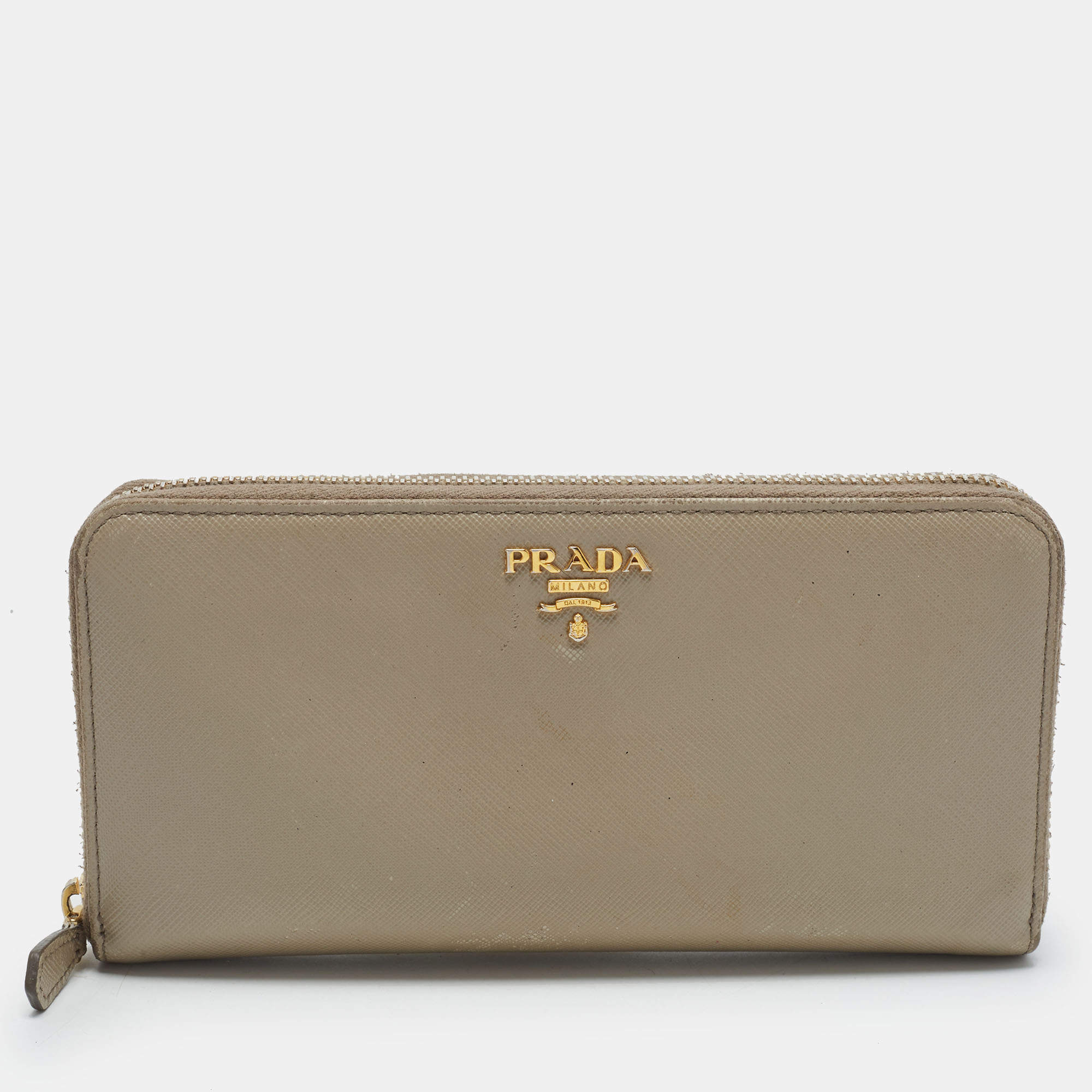 Pre Owned Prada Large Clay Grey Saffiano Leather Zipper Around Continental Wallet