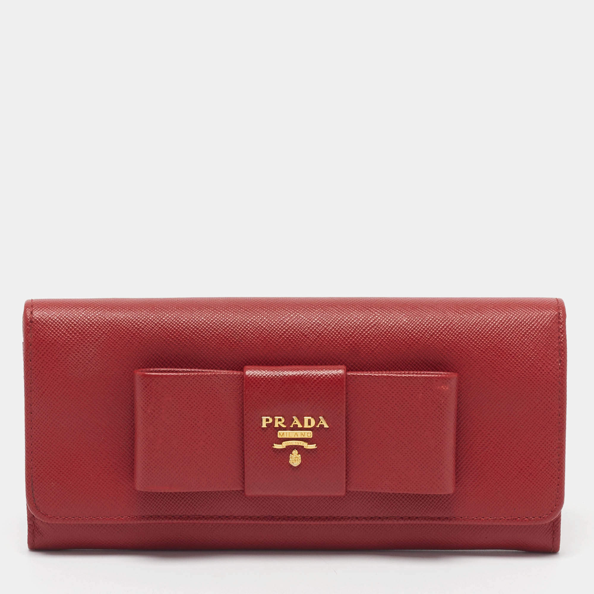 Pre Owned Prada Bow Red Saffiano Fiocco Leather Flap Continental Wallet
