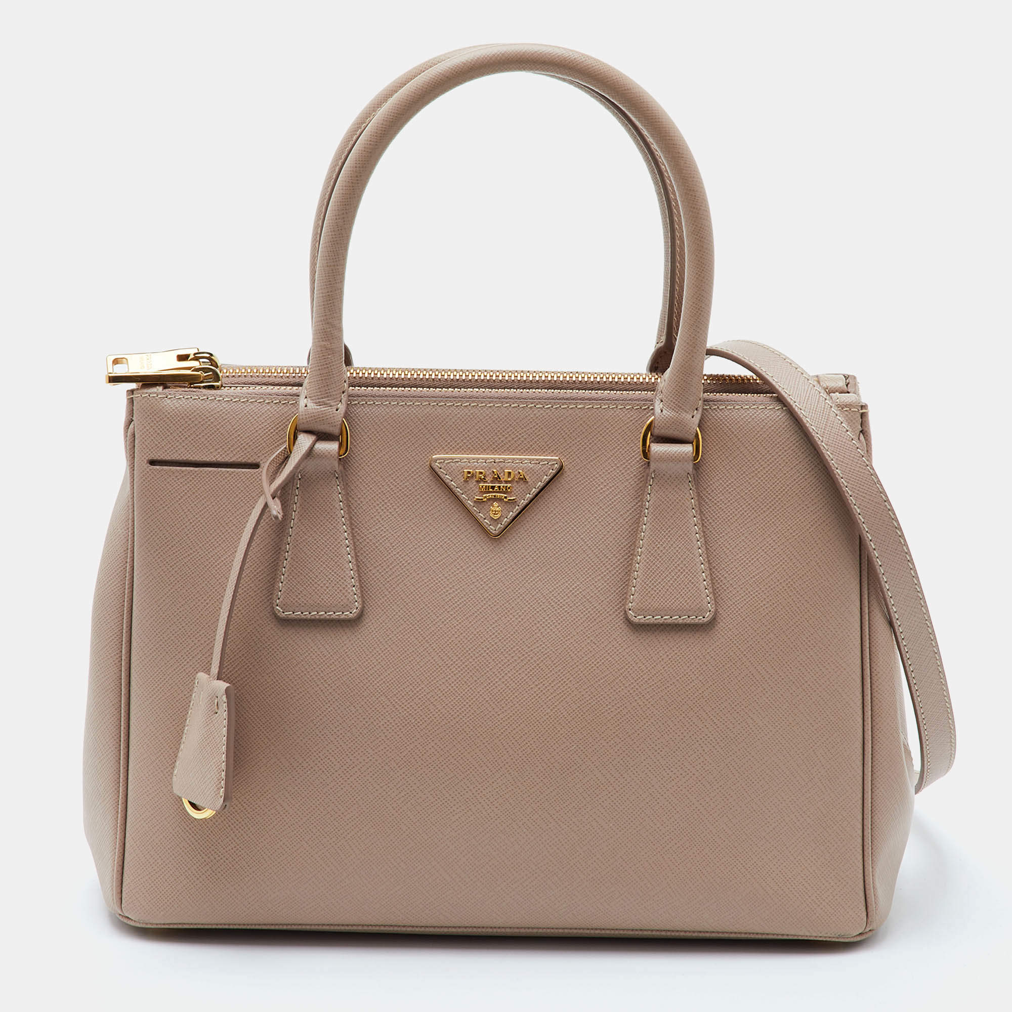 Pre Owned Prada Galleria Medium Beige Saffiano Lux Leather Double Zip Tote