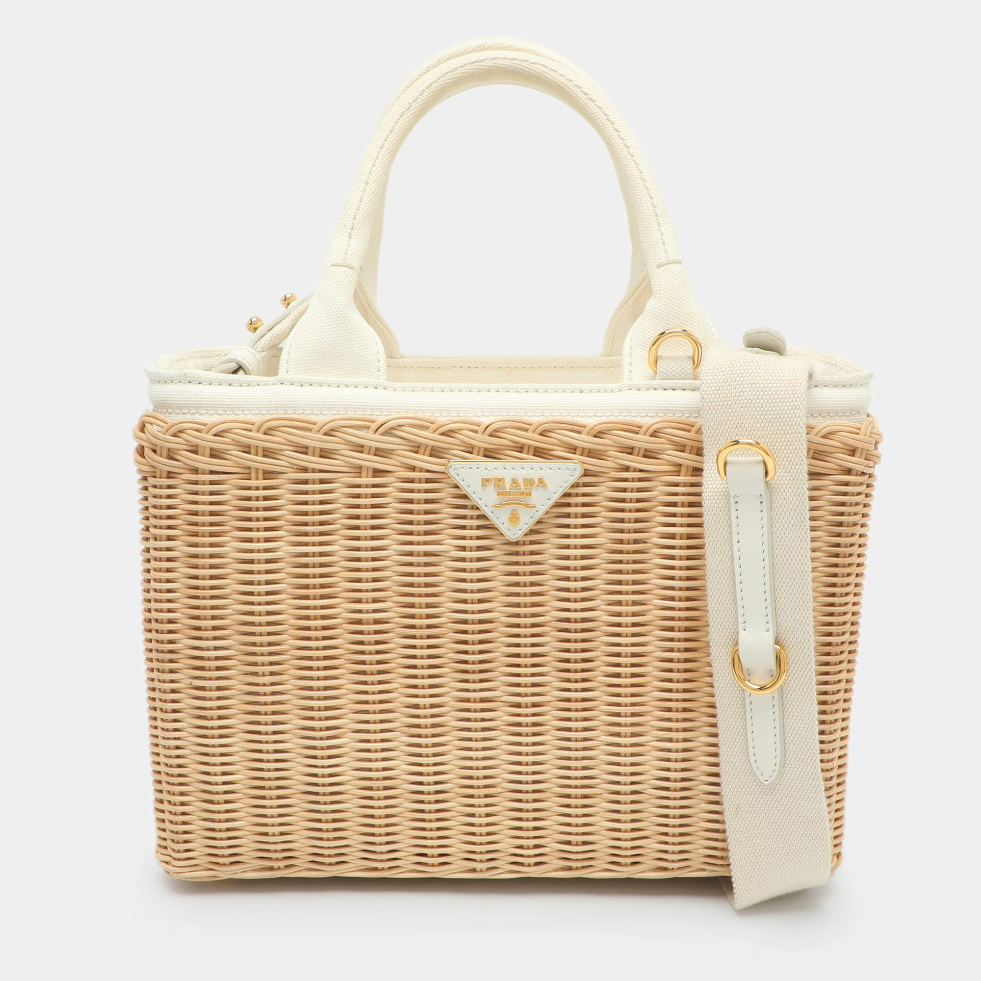 Pre Owned Prada Medium Beige/White Canvas and Wicker Tote