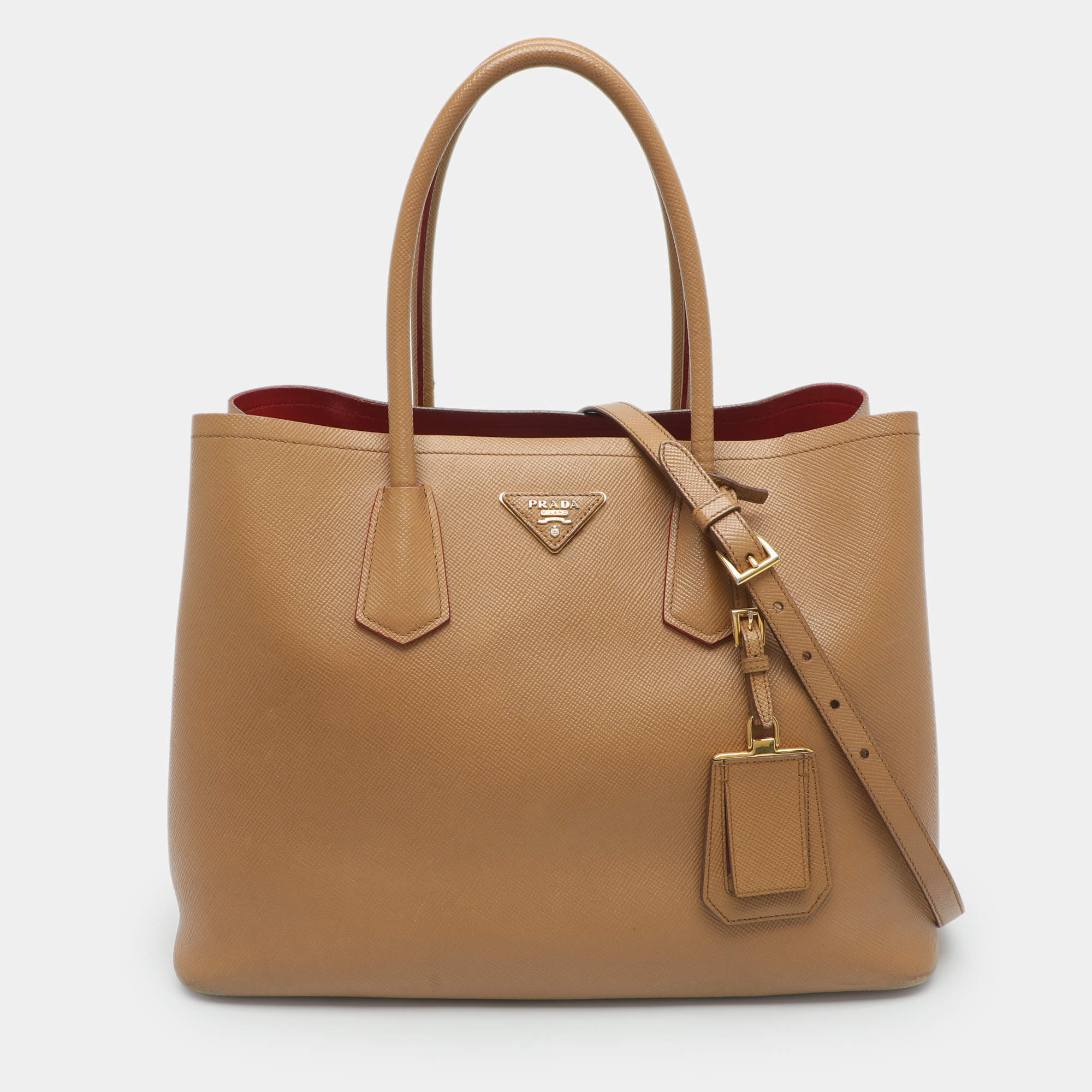 Pre Owned Prada Large Brown Saffiano Cuir Leather Double Handle Tote