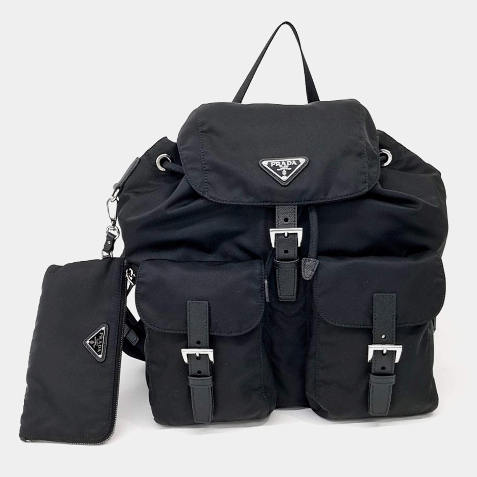 Pre Owned Prada Black Re-Nylon Two-Pocket Backpack (1BZ811)