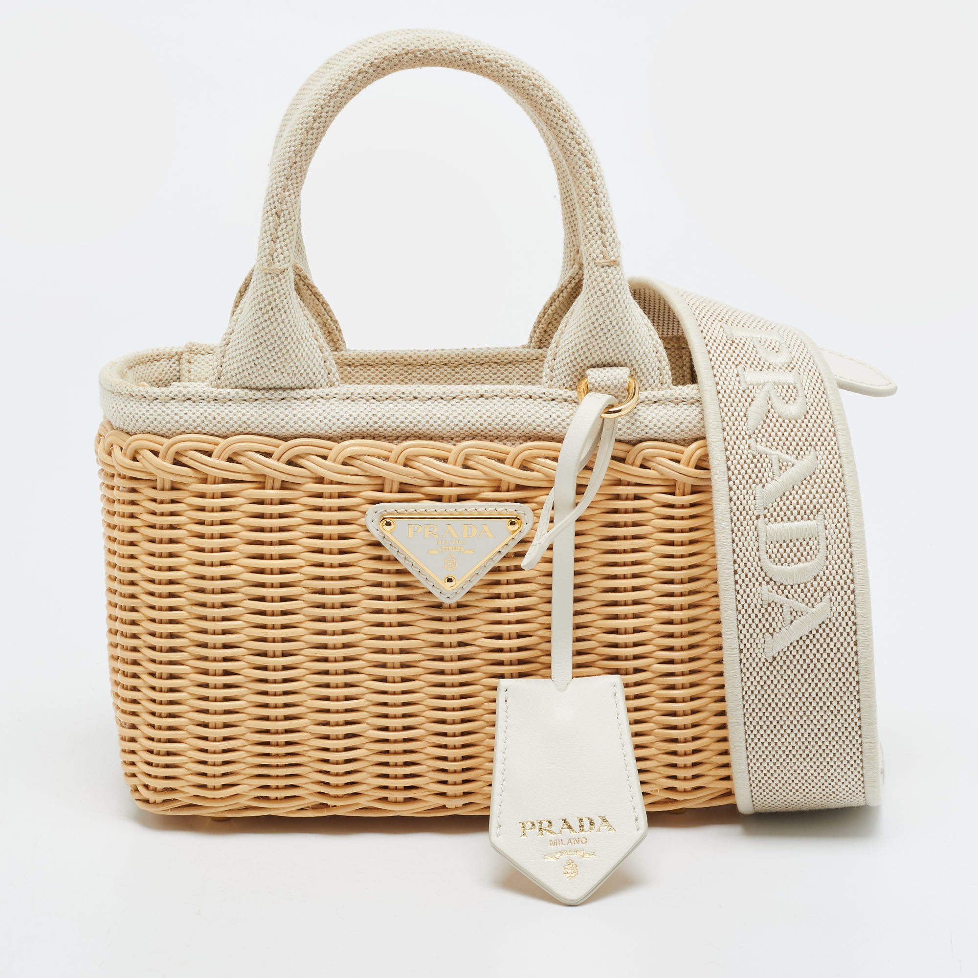Pre Owned Prada Mini Tan/White Wicker and Canvas Tote