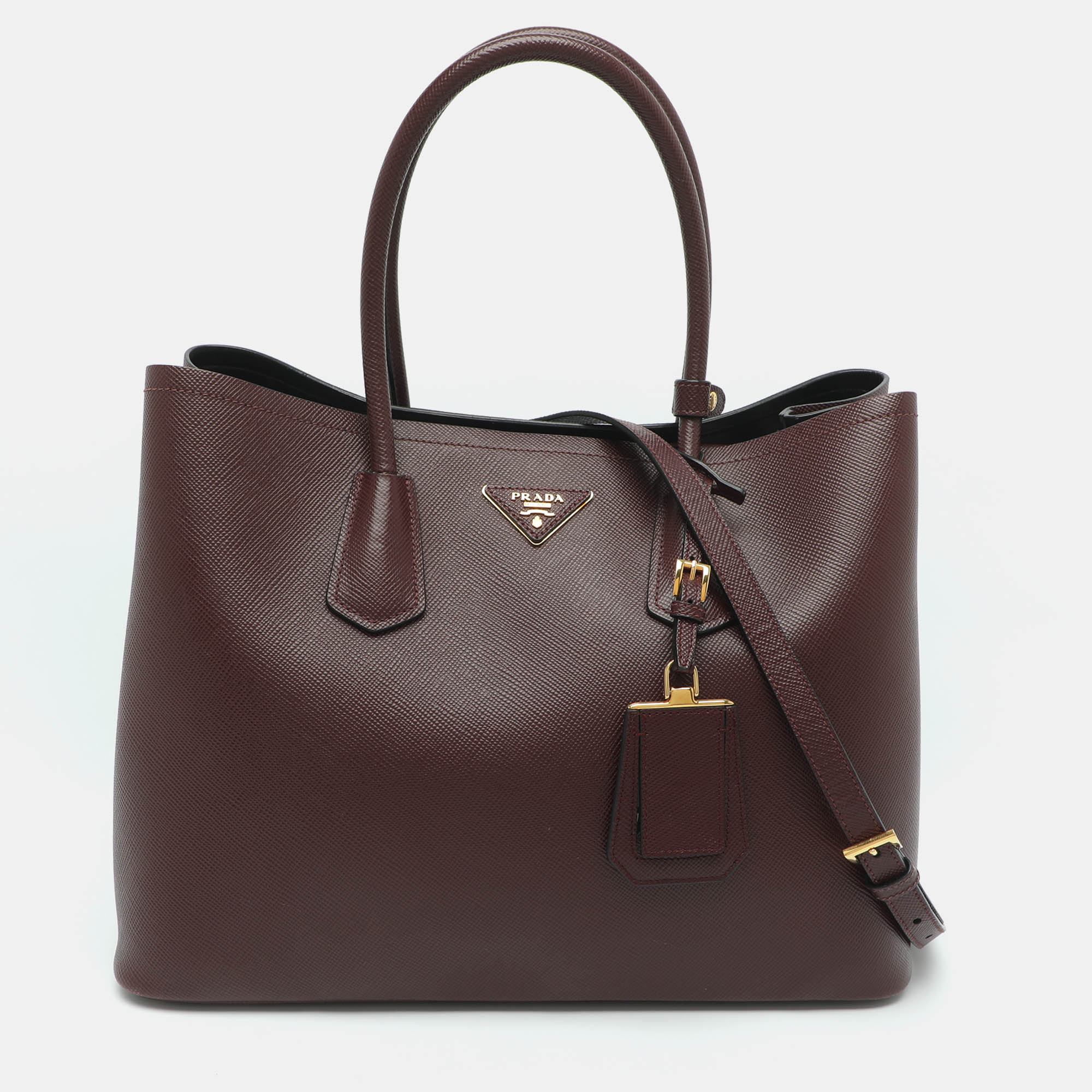 Pre Owned Prada Double Handle Burgundy Saffiano Leather Tote