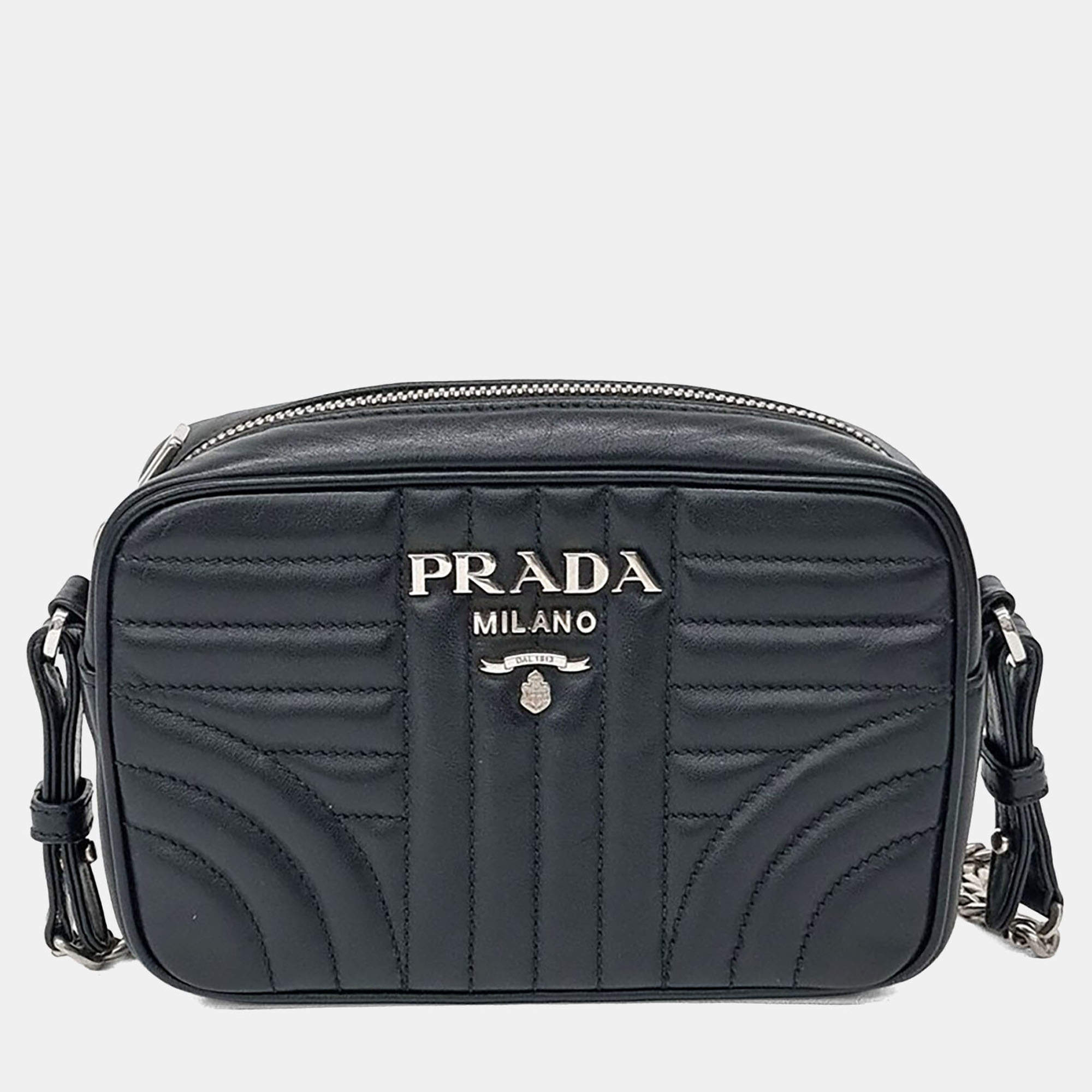Pre Owned Prada Soft Calf Diagram Black Leather Crossbody Bag