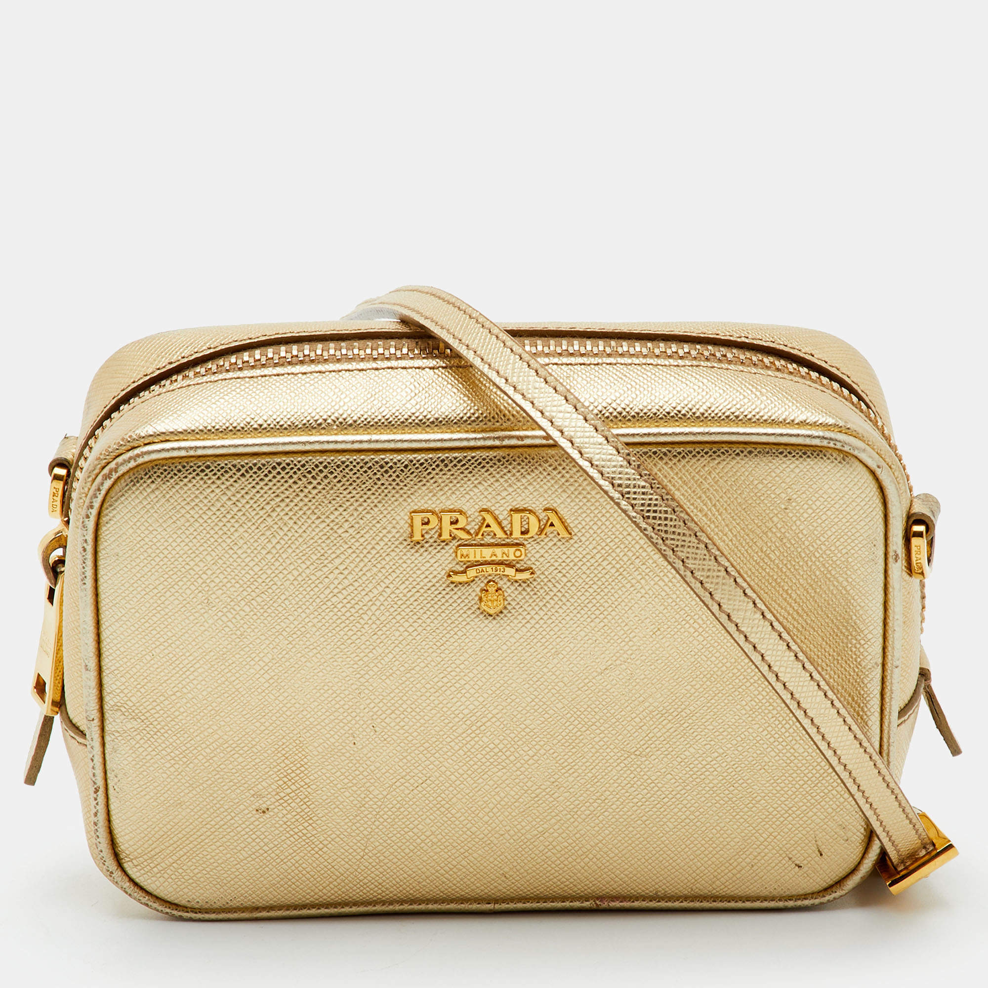 Pre Owned Prada Metallic Gold Saffiano Lux Leather Camera Crossbody Bag