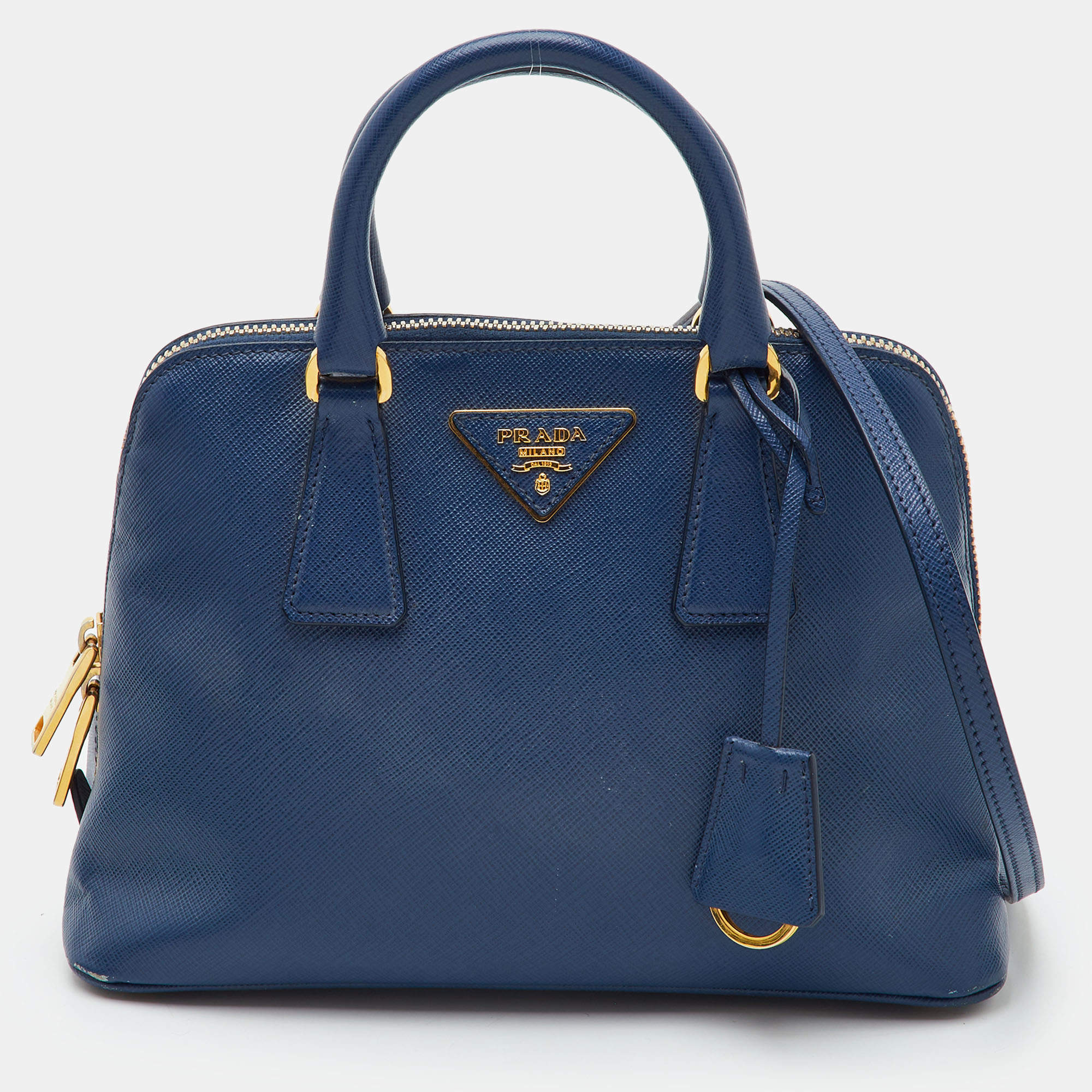 Pre Owned Prada Promenade Small Blue Saffiano Lux Leather Satchel
