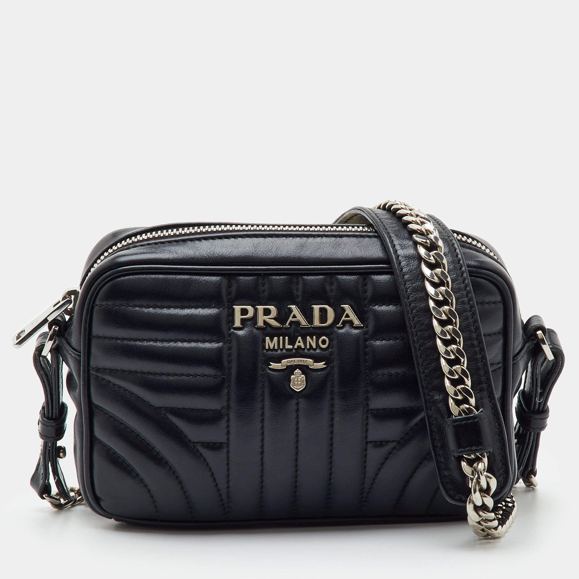 Pre Owned Prada Diagramme Black Leather Camera Crossbody Bag