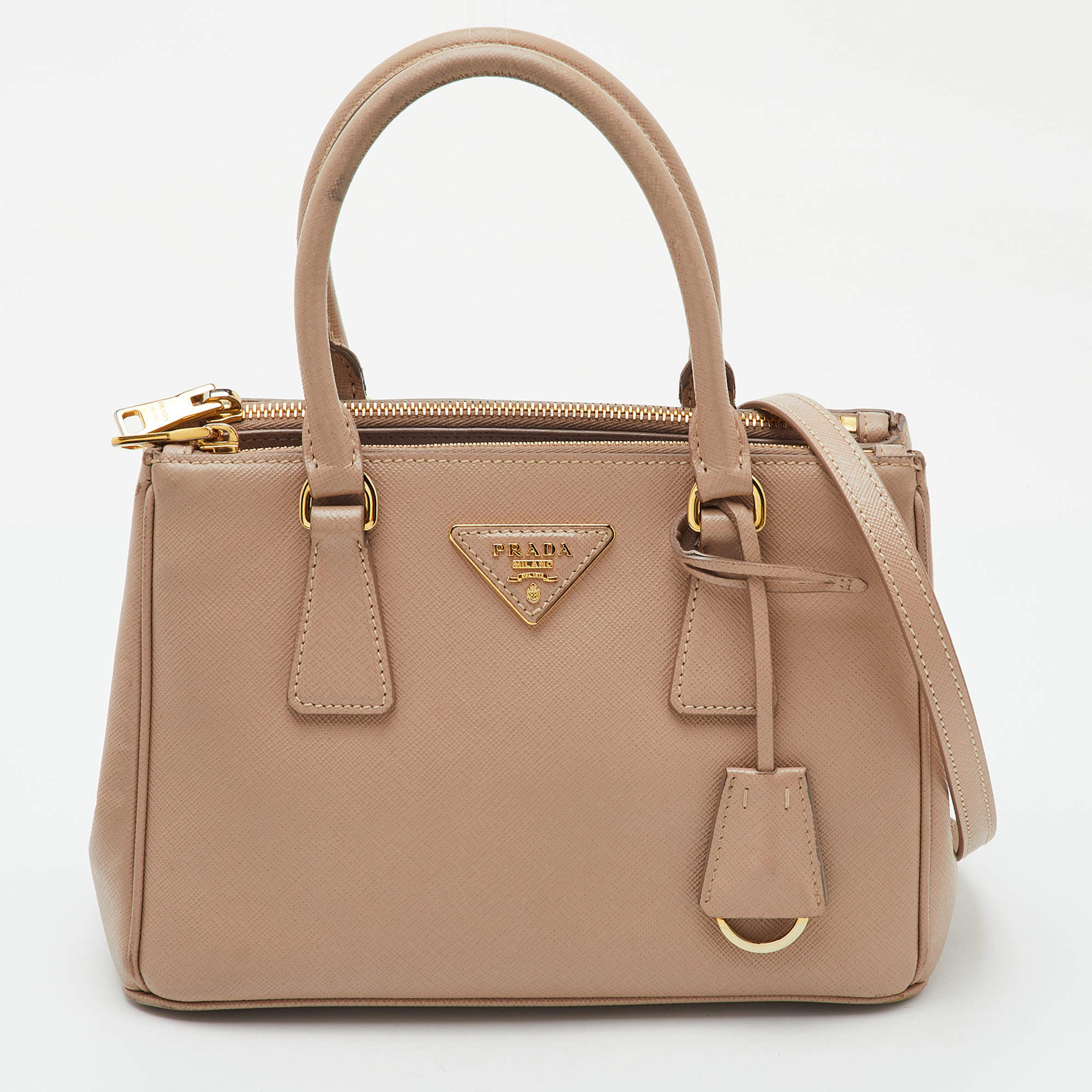 Pre Owned Prada Galleria Small Beige Saffiano Lux Leather Double Zip Tote