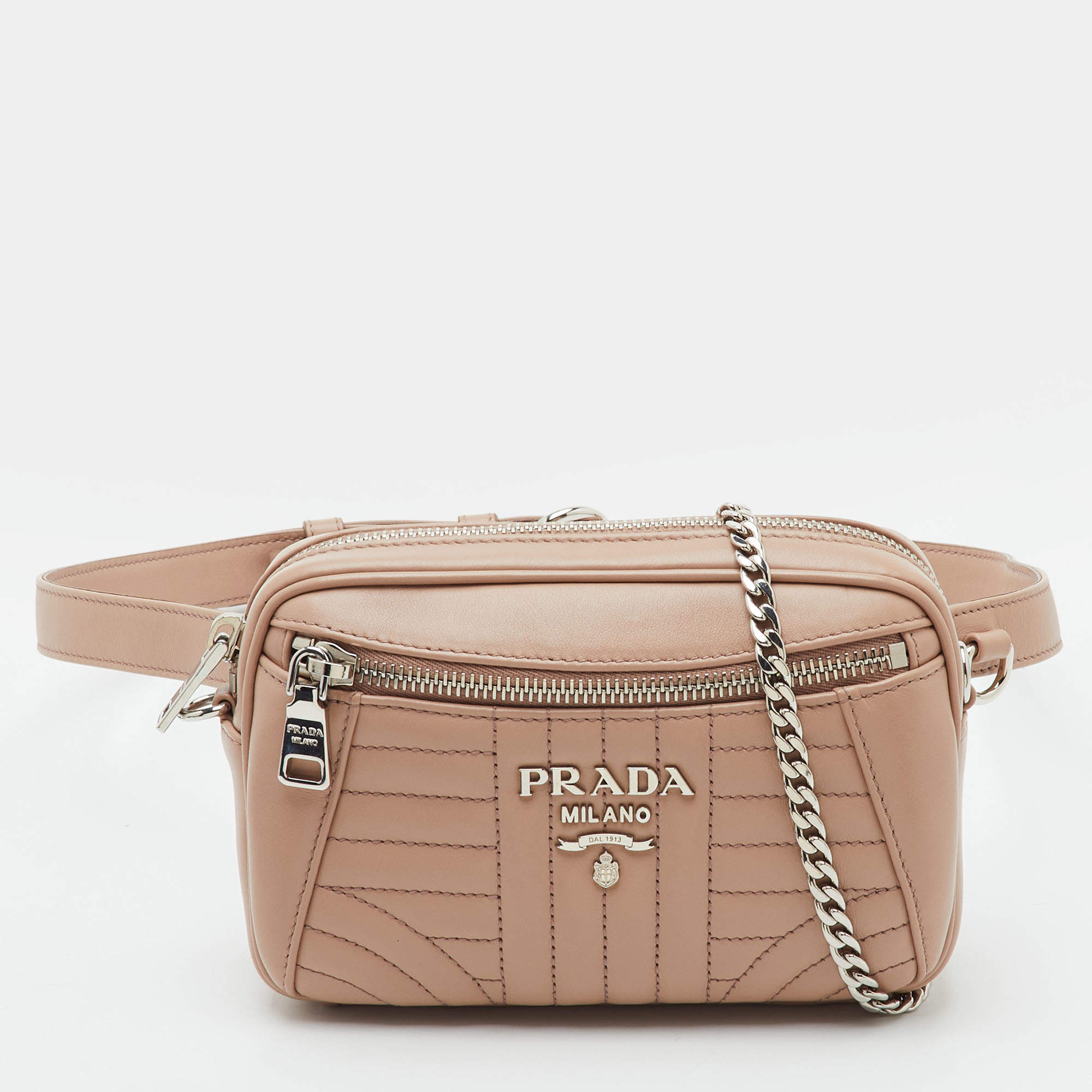 Pre Owned Prada Diagramme Beige Leather Chain Crossbody Belt Bag