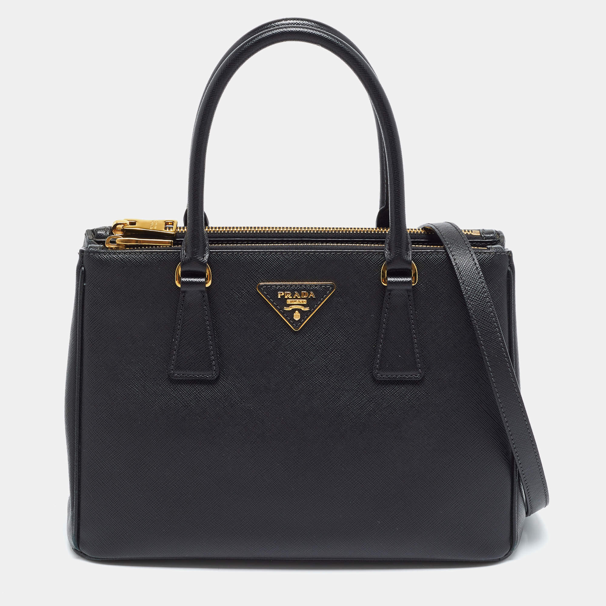 Pre Owned Prada Small Galleria Double Zip Black Saffiano Lux Leather Tote