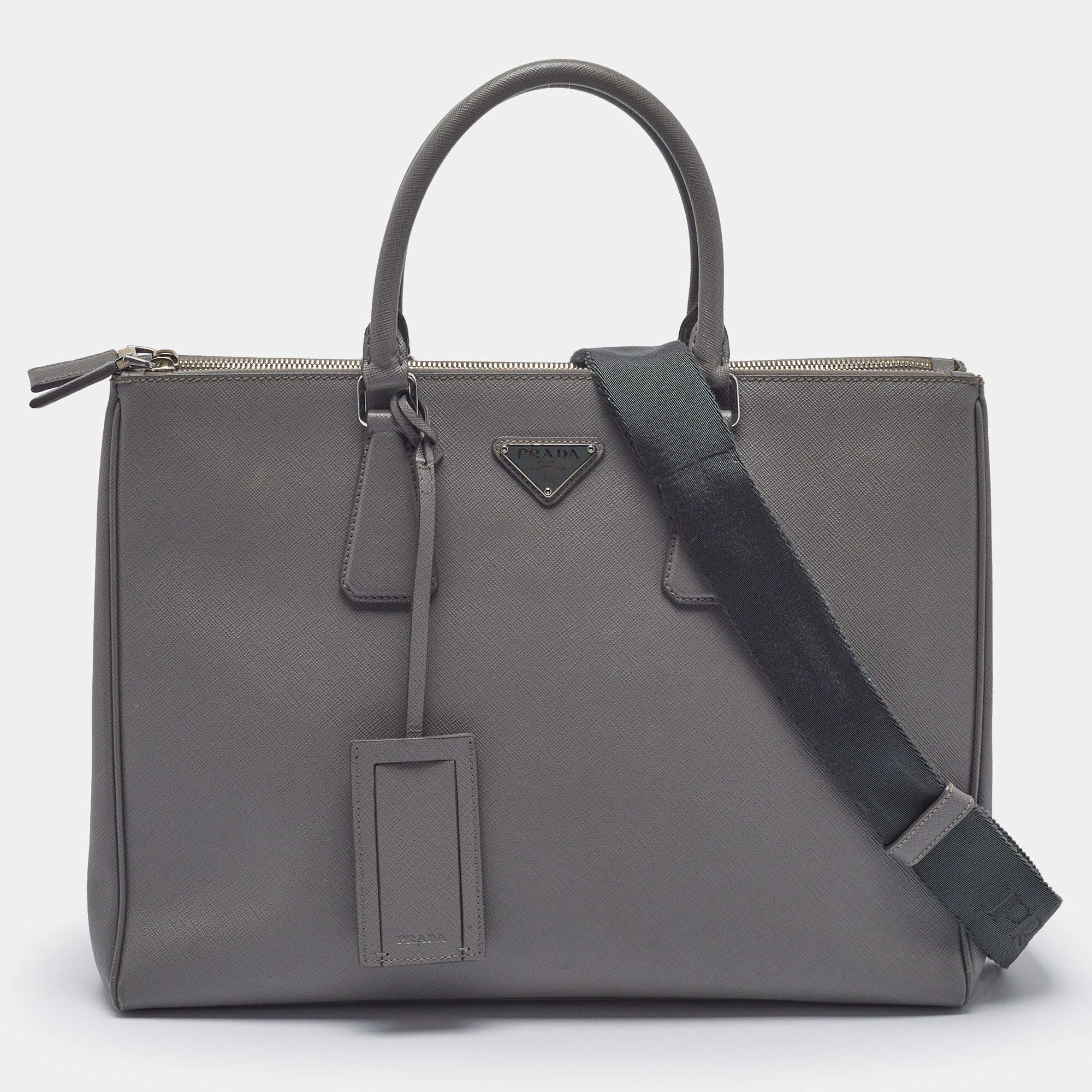 Pre Owned Prada Double Zip Grey Saffiano Travel Leather Tote