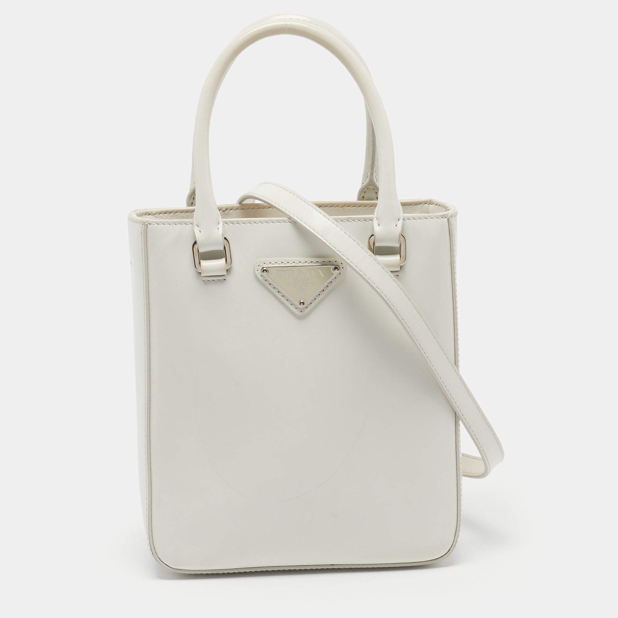 Pre Owned Prada Triangle Logo Mini White Brushed Leather Tote