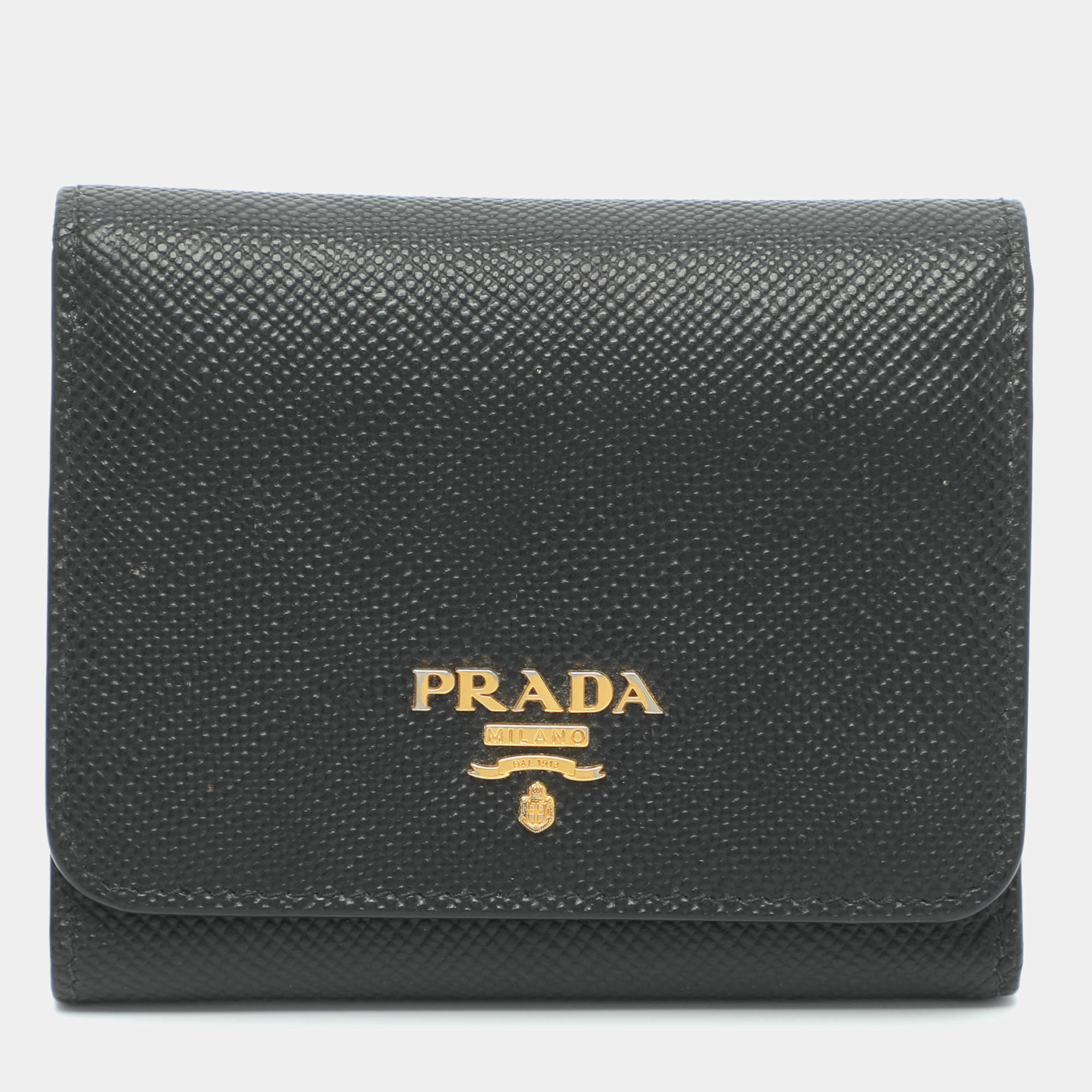Pre Owned Prada Black Saffiano Leather Compact Wallet