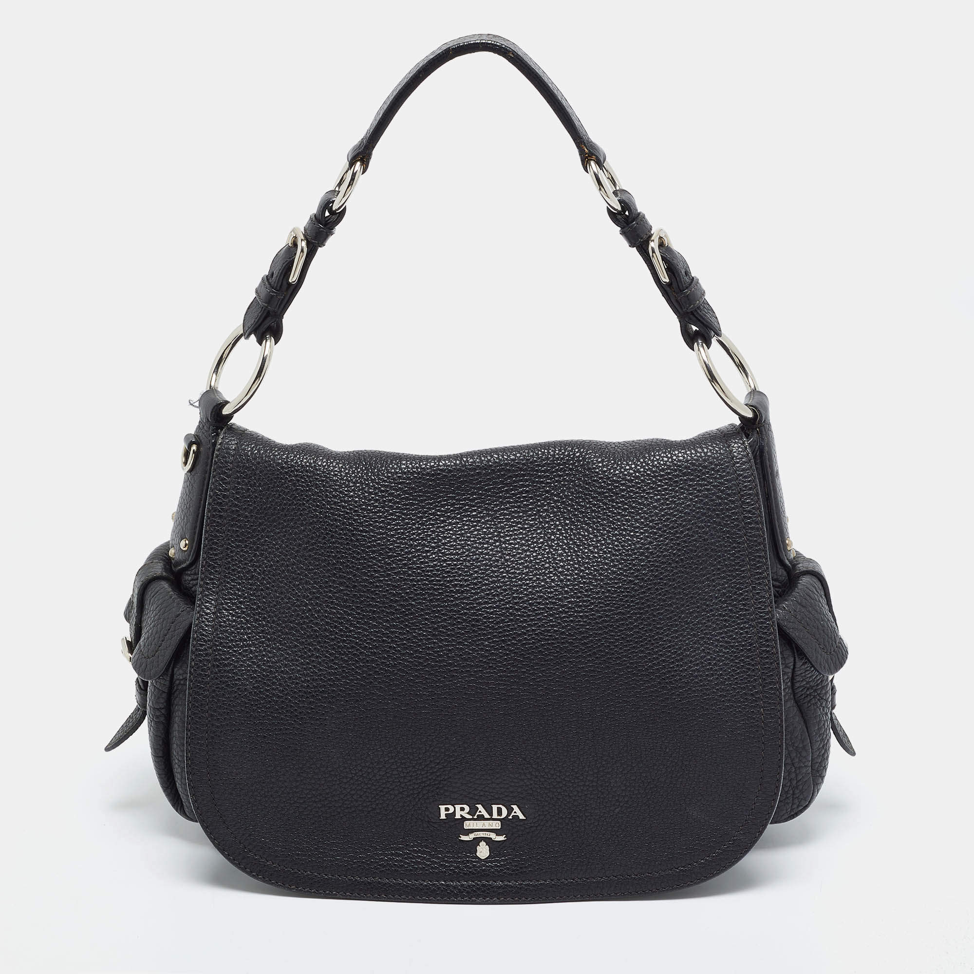 Pre Owned Prada Black Vitello Daino Leather Flap Shoulder Bag