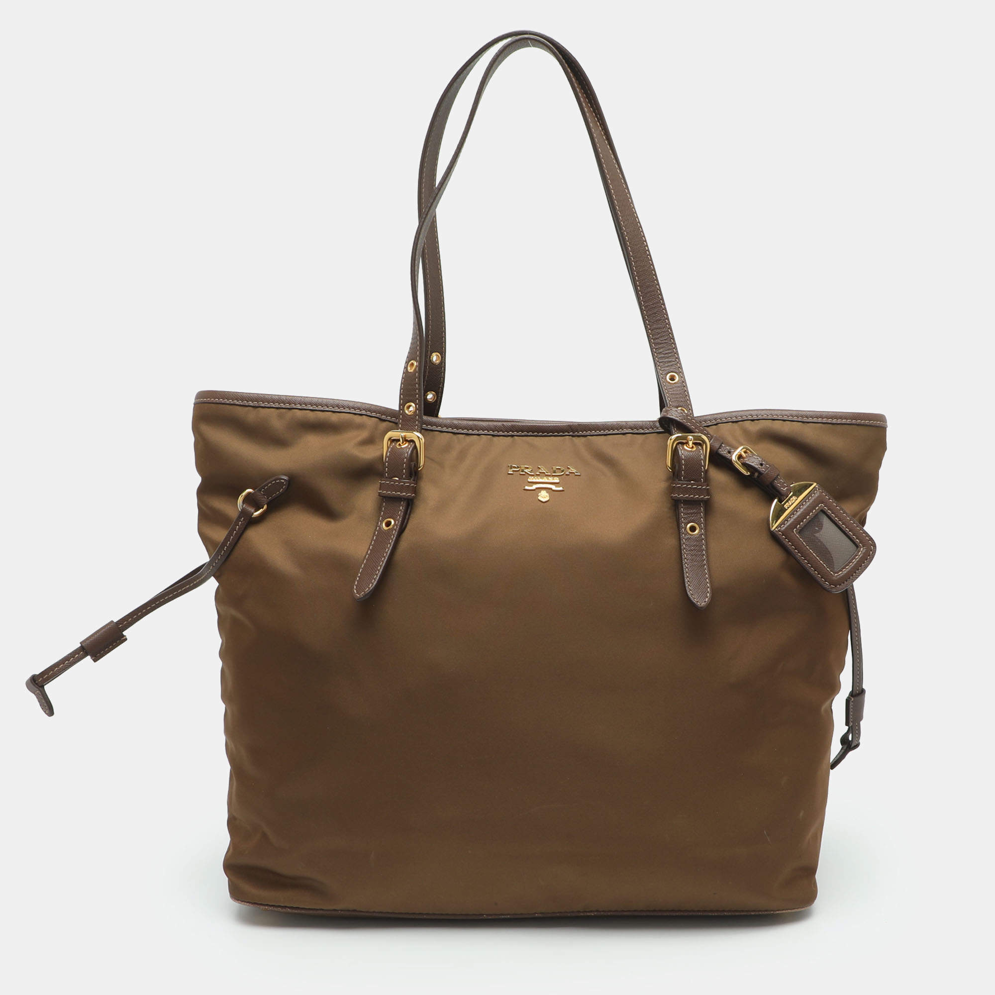 مملوكة مسبقًا Prada Dark Khaki Leather and Nylon Tote