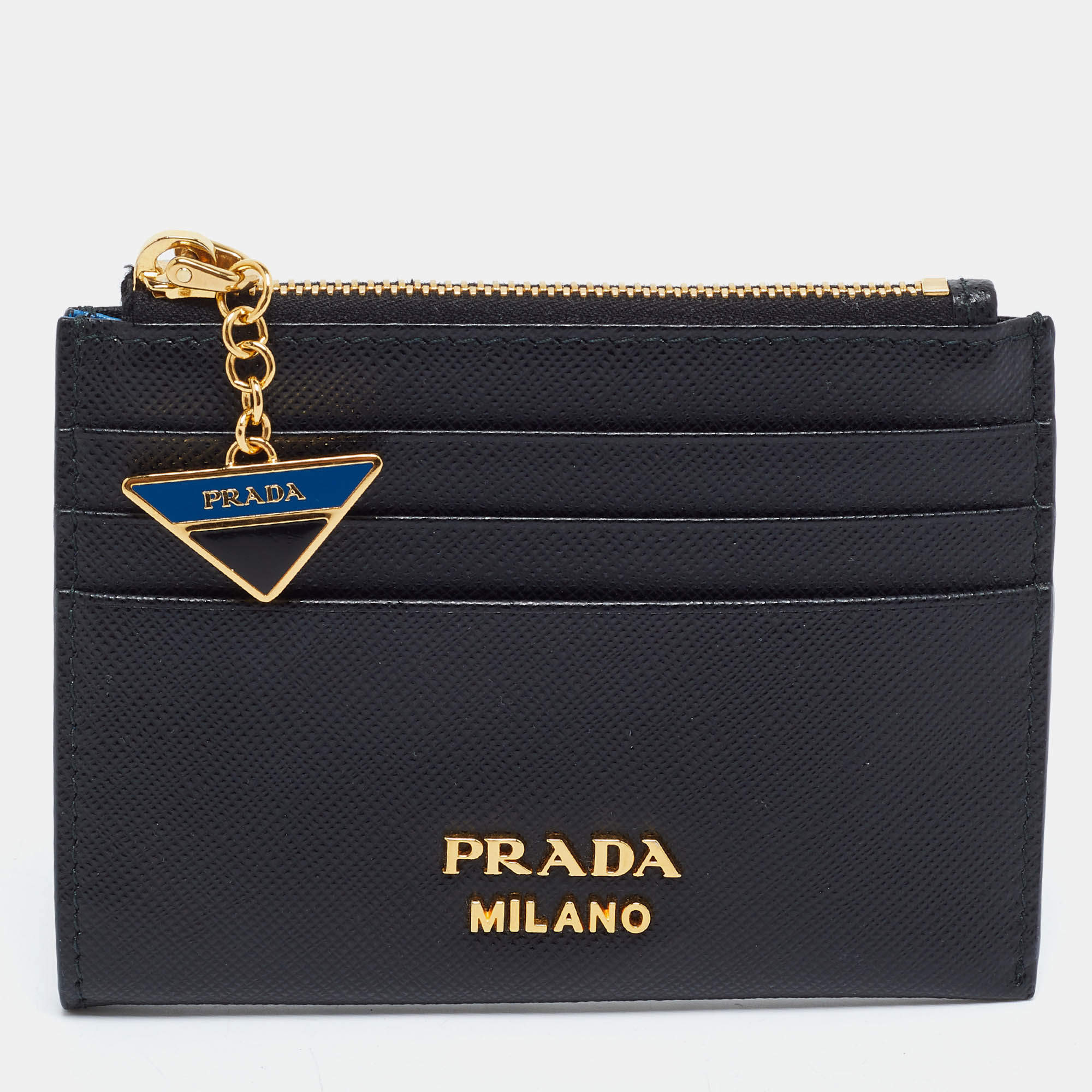 Pre Owned Prada Black/Blue Saffiano Leather Zip Card Holder