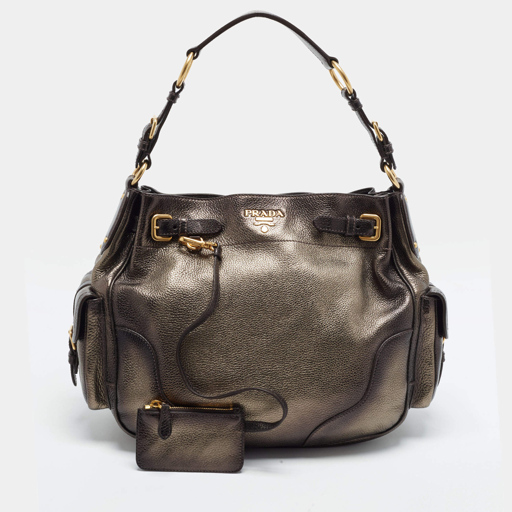 Pre Owned Prada Daino Metallic Moss Vitello Leather Side Pocket Leather Hobo Bag