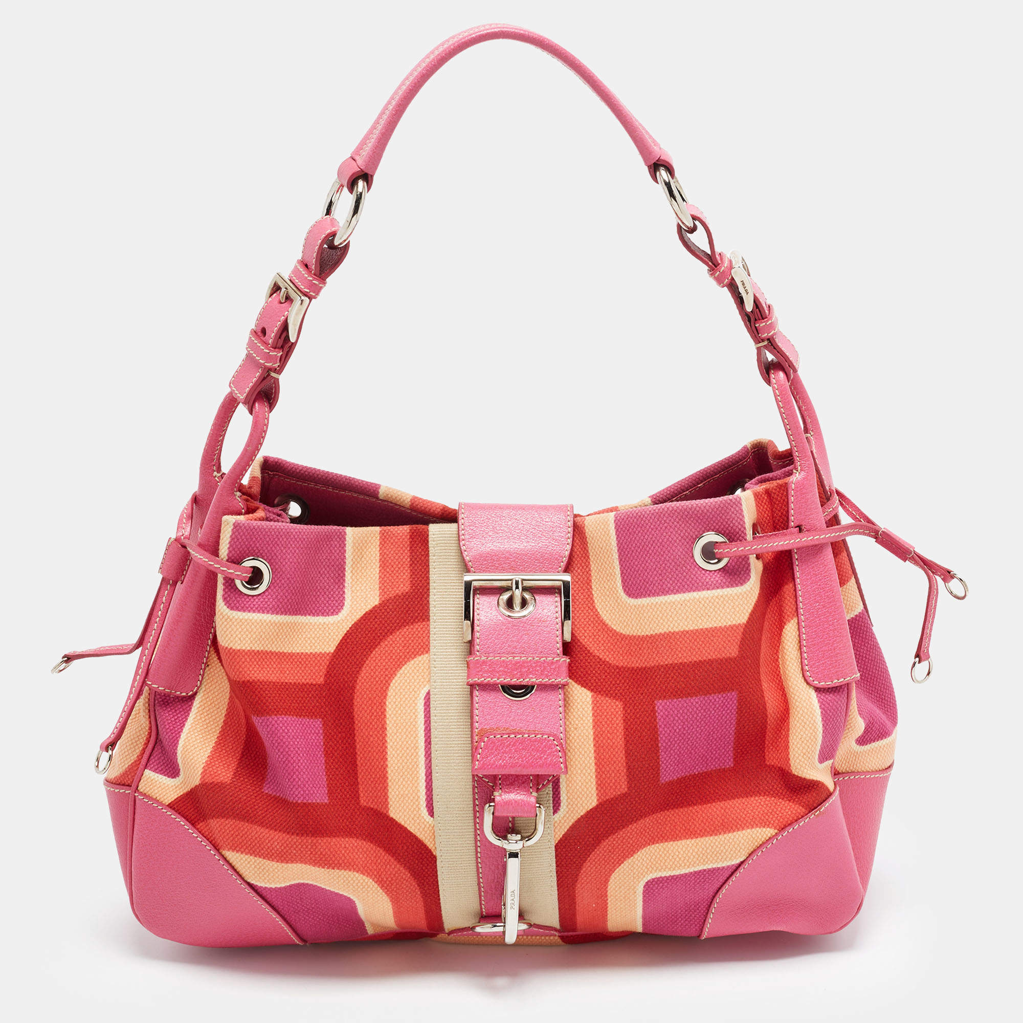 Pre Owned Prada Pink/Multicolor Canapa St.Soho Canvas Hobo