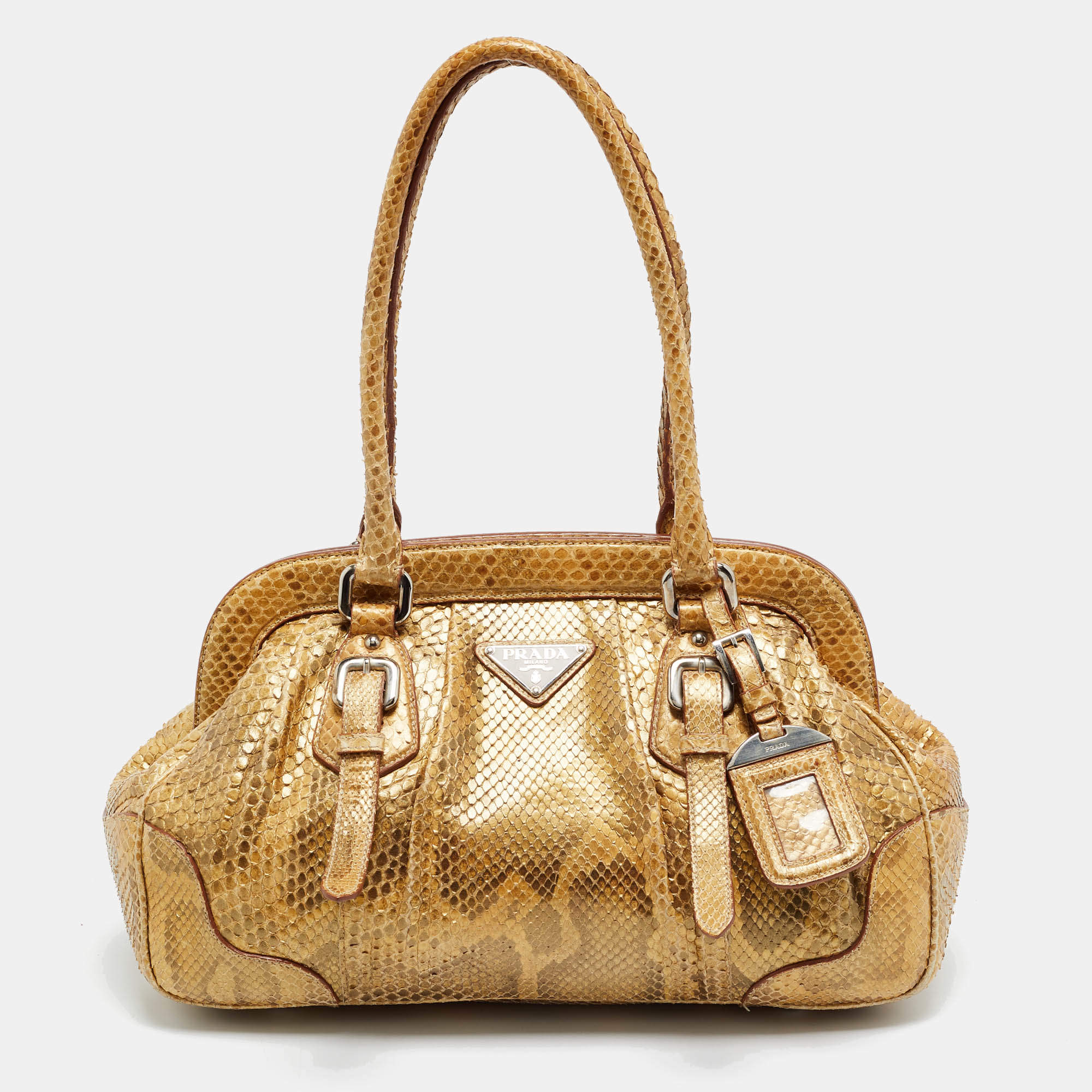 Pre Owned Prada Frame Gold Python Satchel