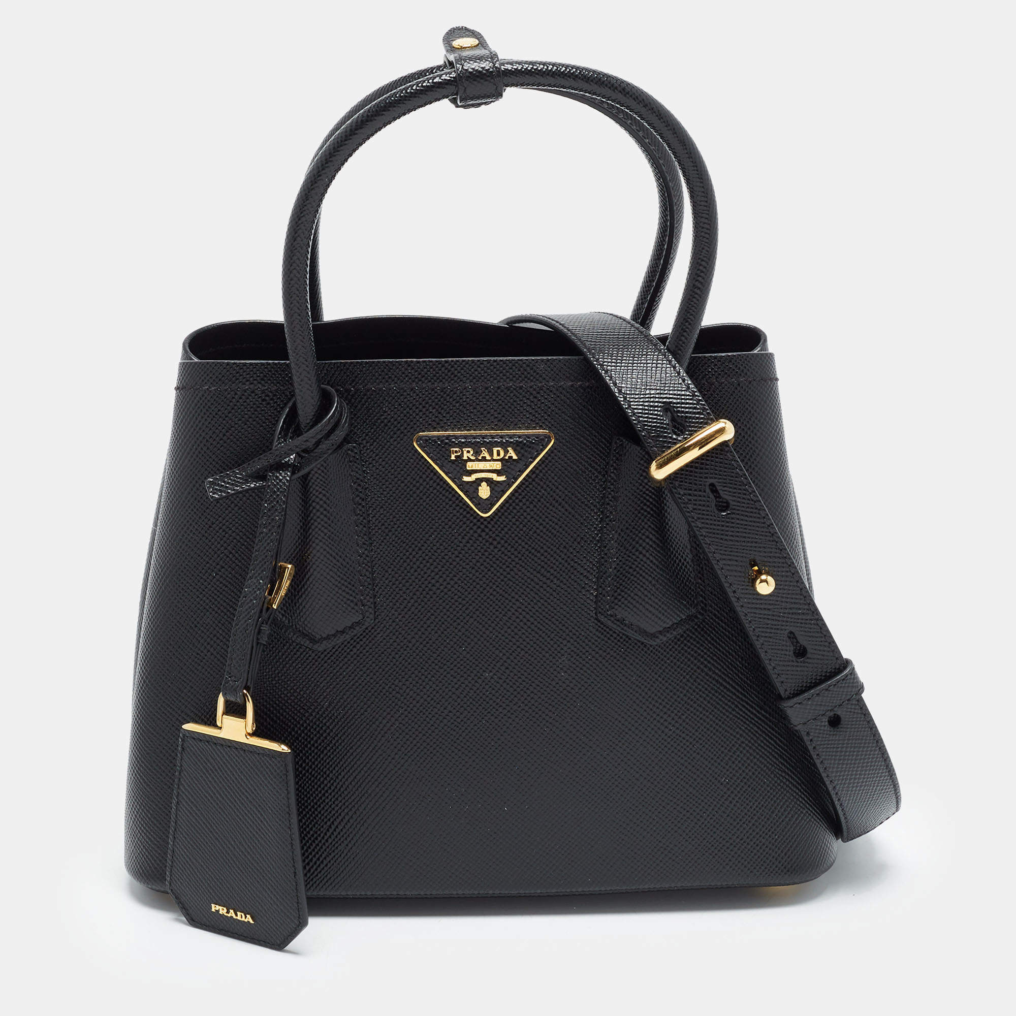 Pre Owned Prada Double Handle Mini Black Saffiano Cuir Leather Tote