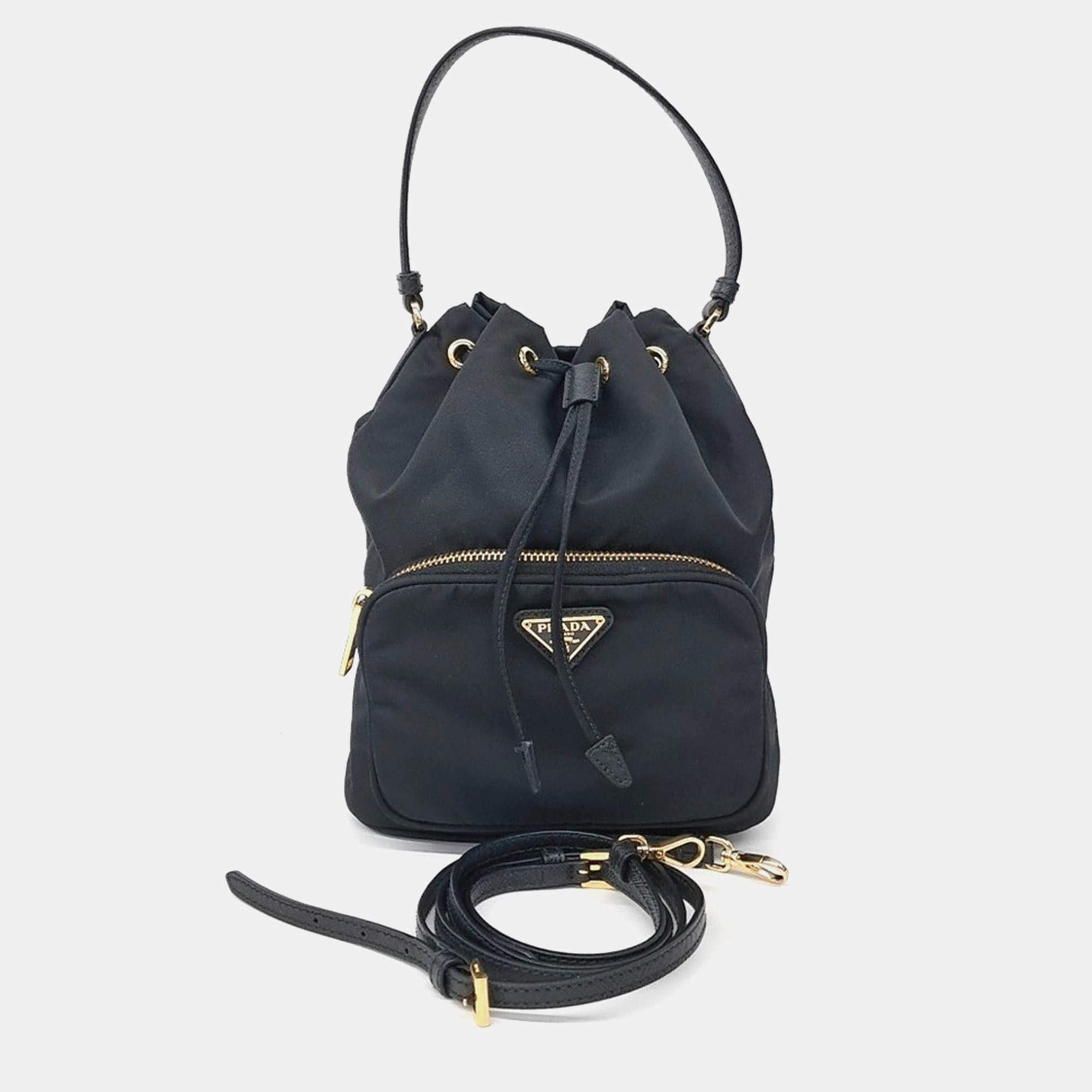 Pre Owned Prada Black Fabric bucket tote and crossbody bag