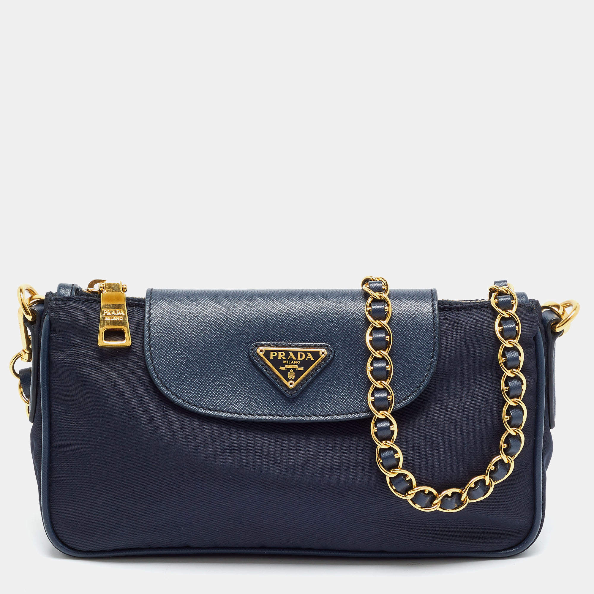 مملوكة مسبقًا Prada Tessuto Navy Blue Nylon and Saffiano Leather Crossbody Bag