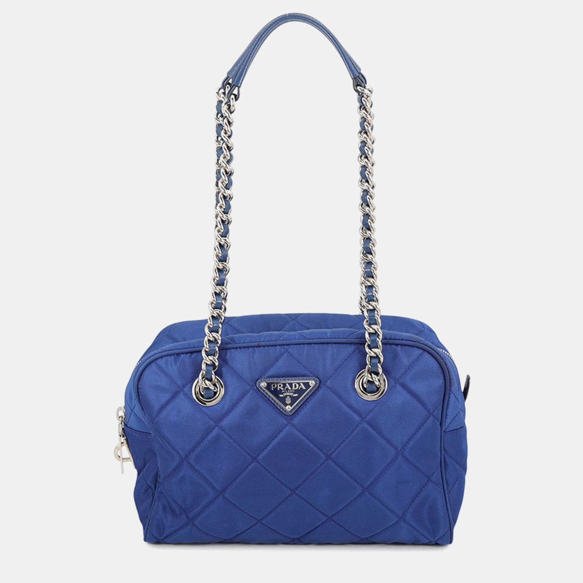 Pre Owned Prada Triangle Logo Quilted Blue Nylon Shoulder Bag
