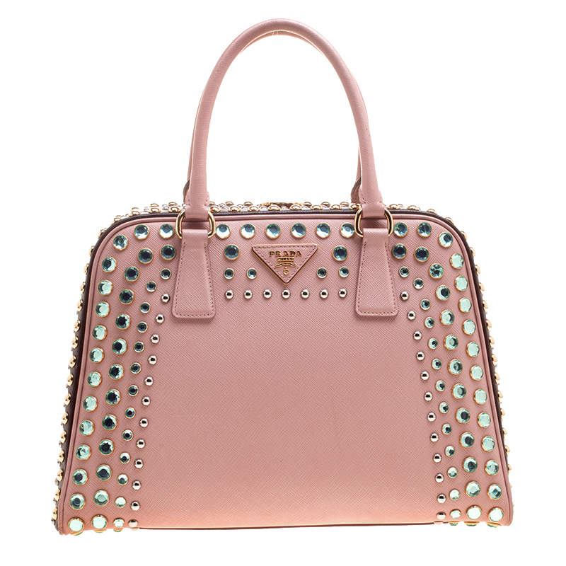Prada Blush Pink/Burgundy Saffiano Lux Leather Pyramid Frame Top Handle Bag