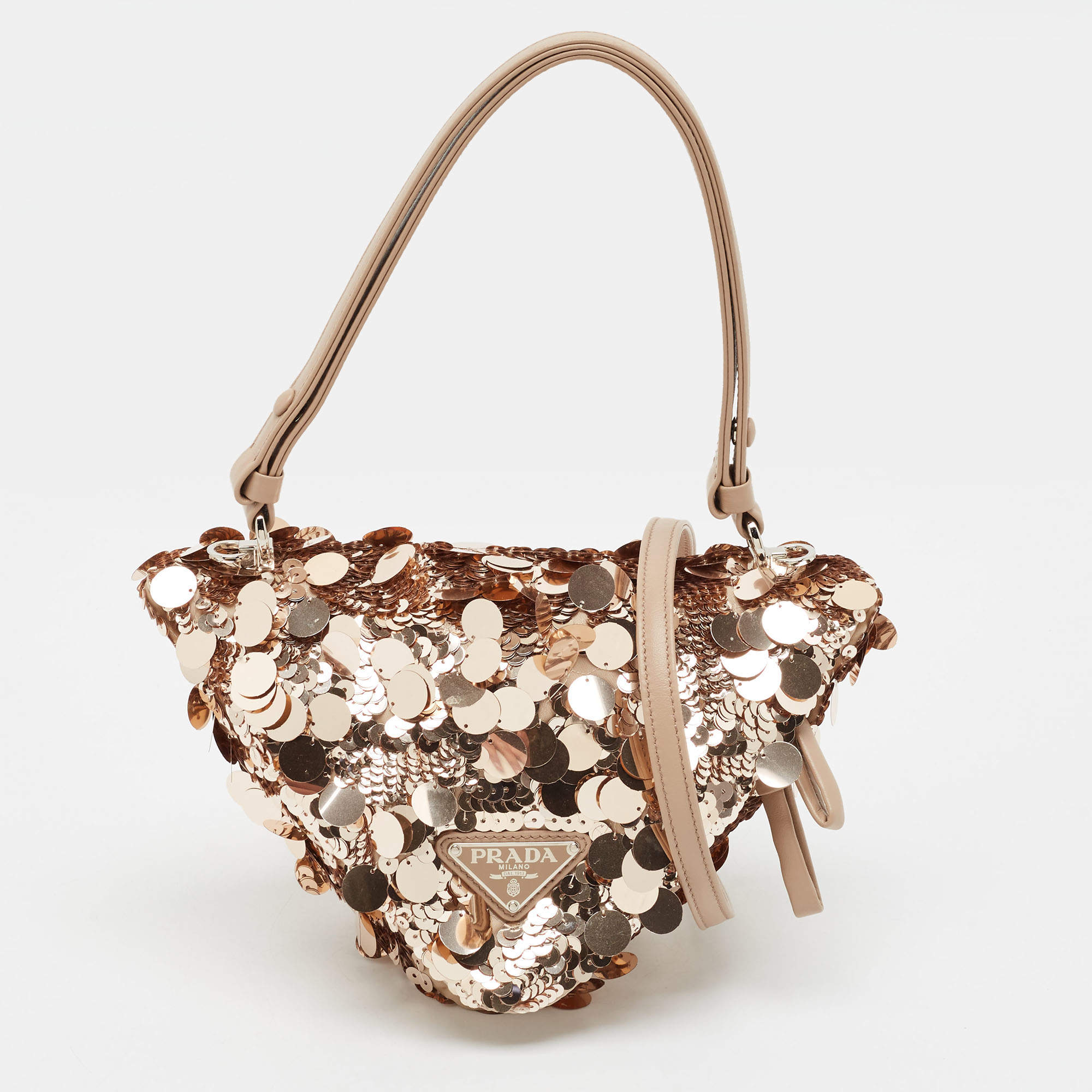 مملوكة مسبقًا Prada Triangle Beige/Rose Gold Sequins and Leather Shoulder Bag