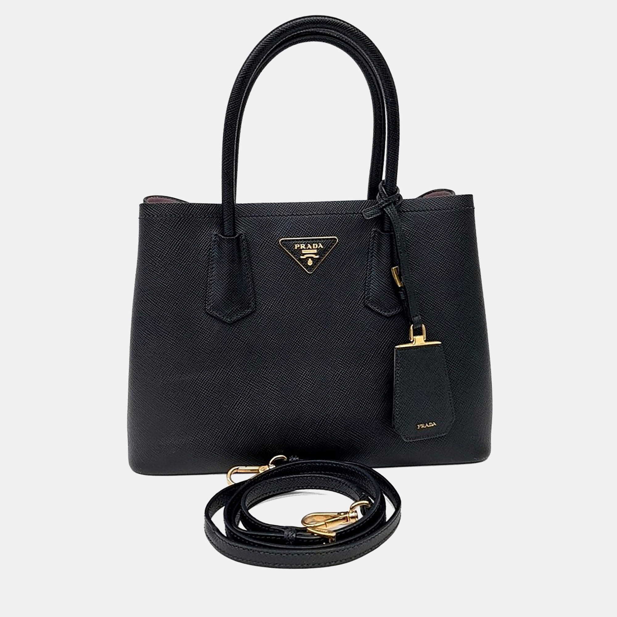 Pre Owned Prada Black Leather Prada Saffiano Double Tote and Shoulder Bag