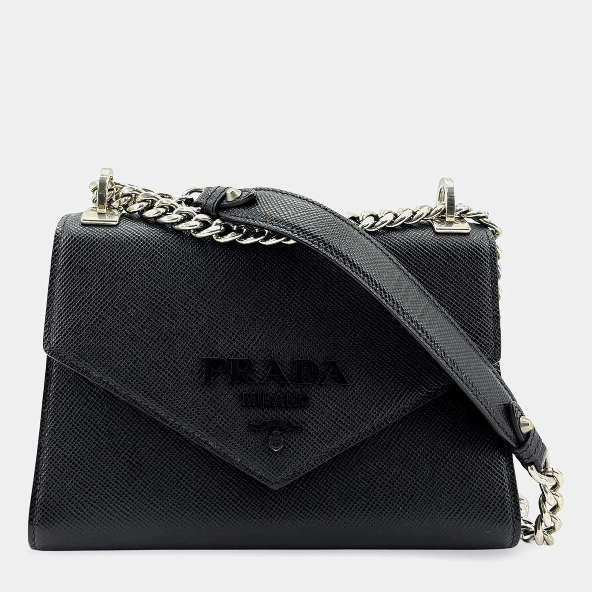 Pre Owned Prada Monochrome Small Black Saffiano Leather Chain Shoulder Bag
