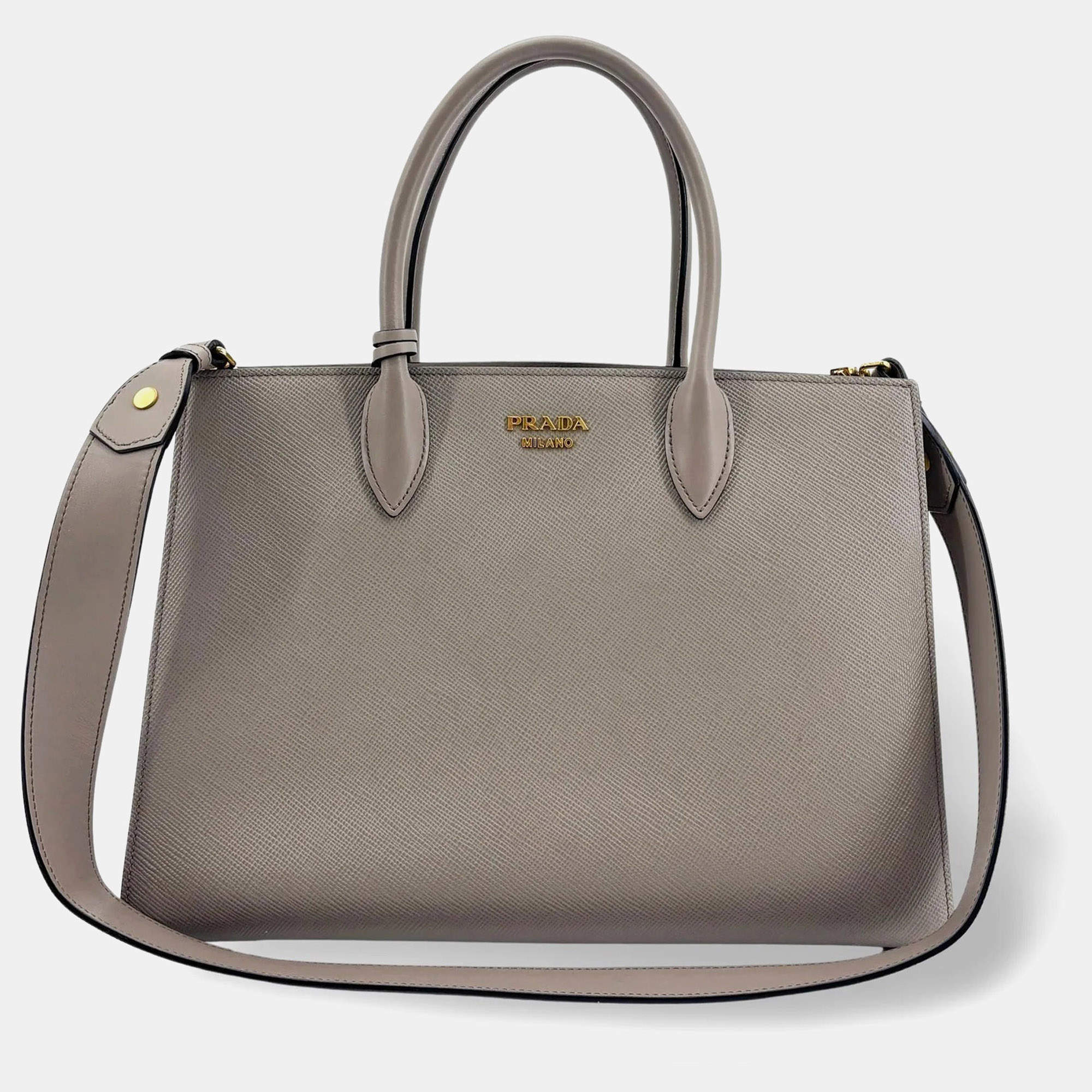 Pre Owned Prada Bibliotheque Accordion Medium Grey Saffiano Lux Leather Tote Bag