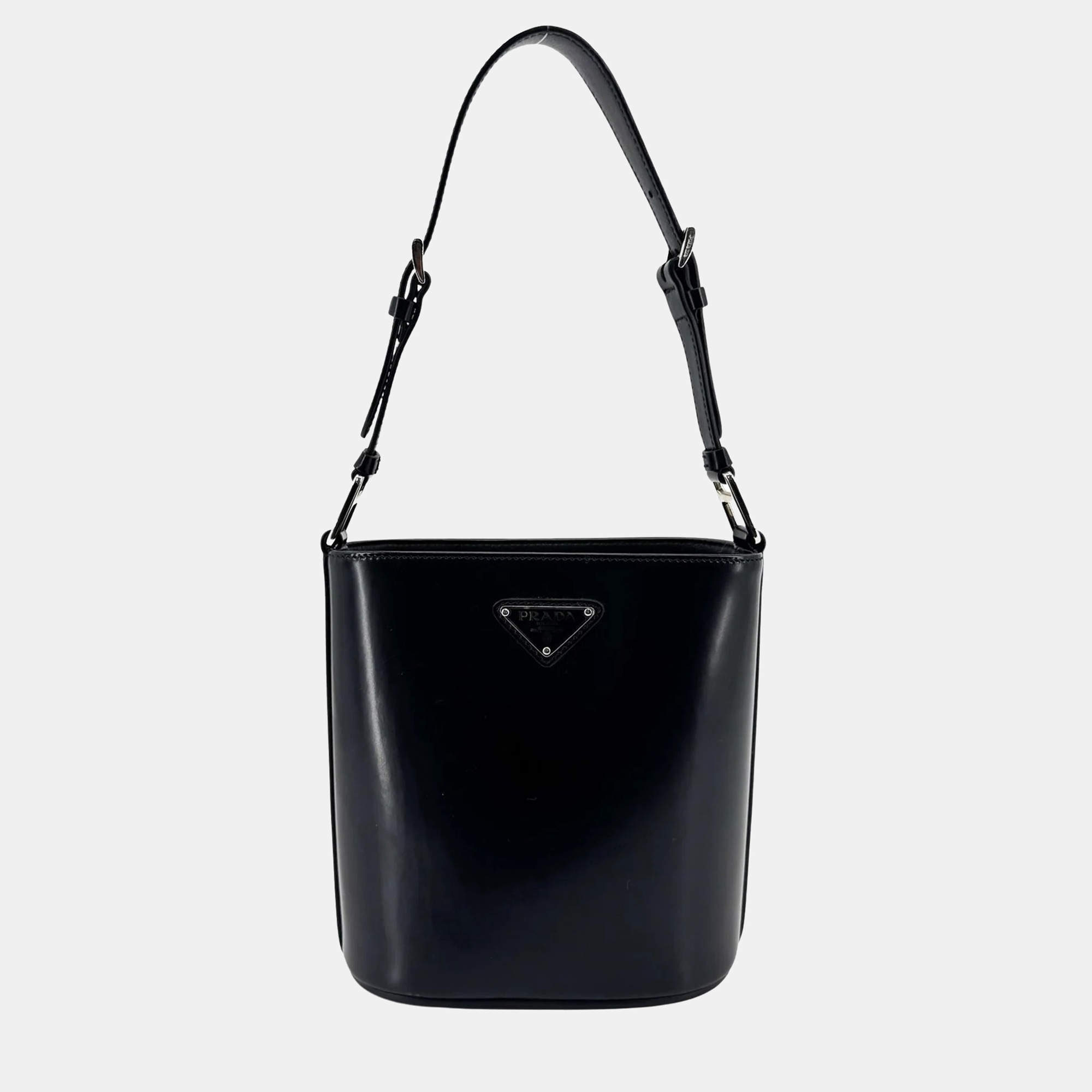Pre Owned Prada Brushed Leather Mini Black Calfskin Shoulder Bucket Bag