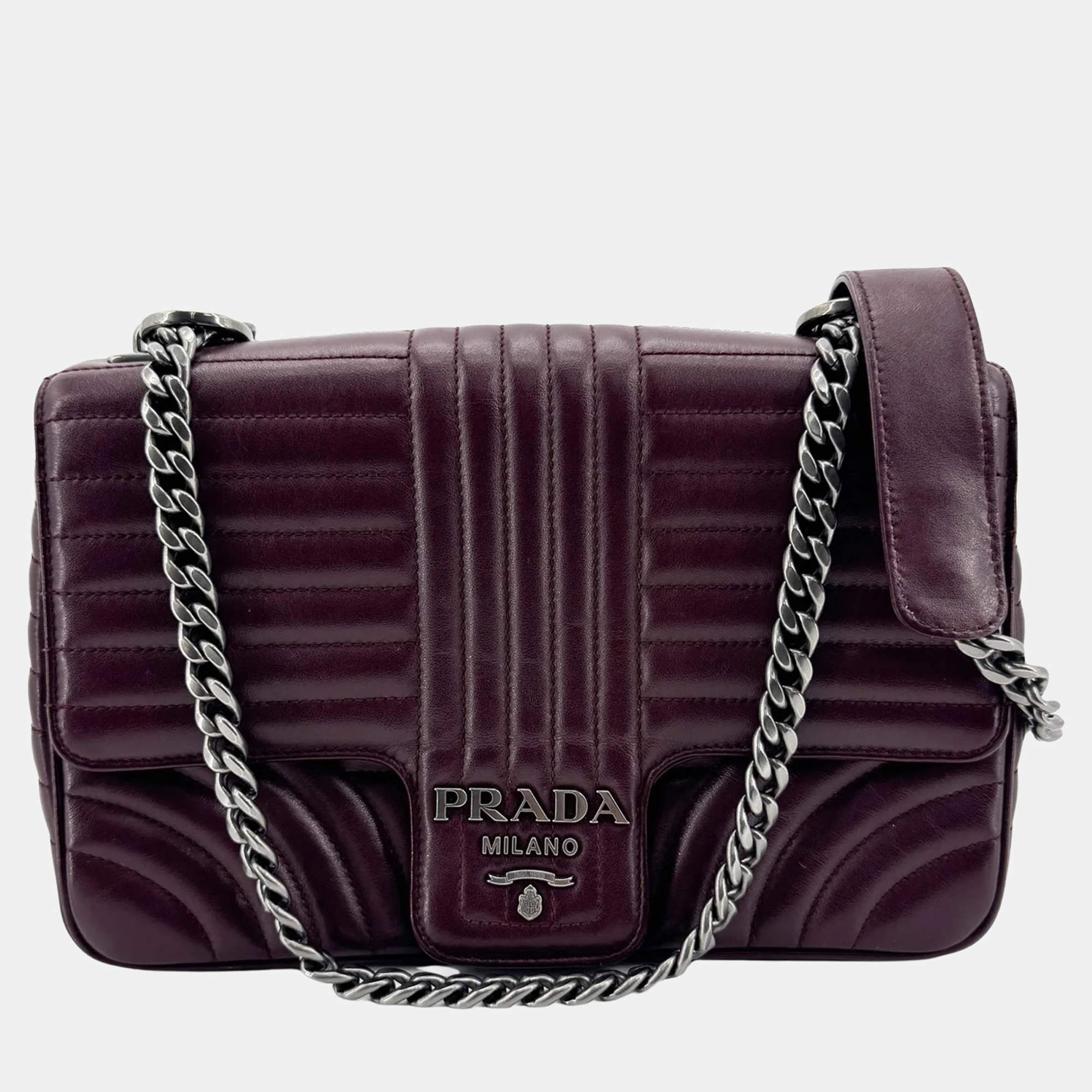 Pre Owned Prada Diagramme Medium Burgundy Quilted Leather Crossbody Bag
